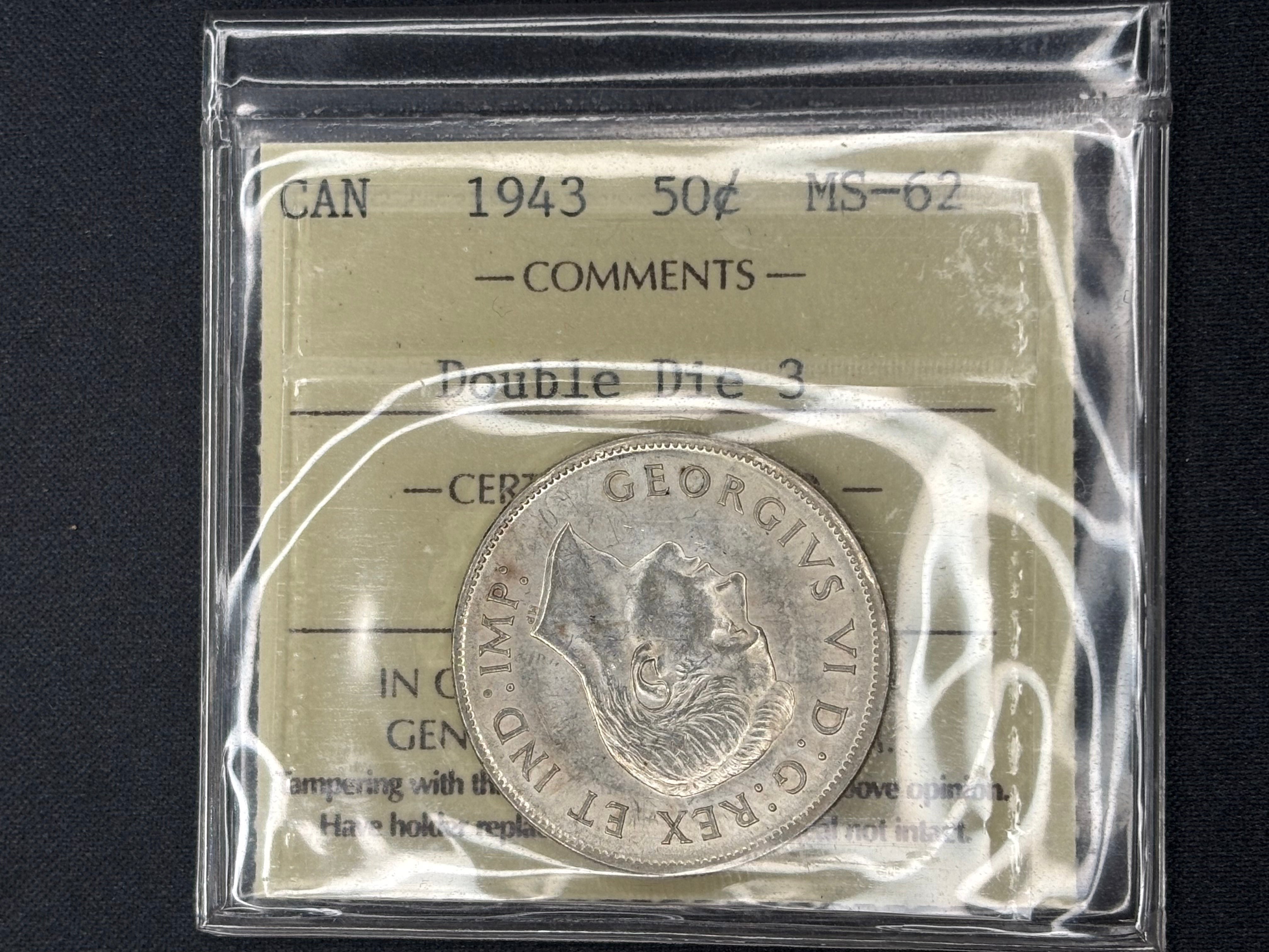 Canada Silver Coin - 50 cents -1943 Double Die 3 - MS62 ICCS
