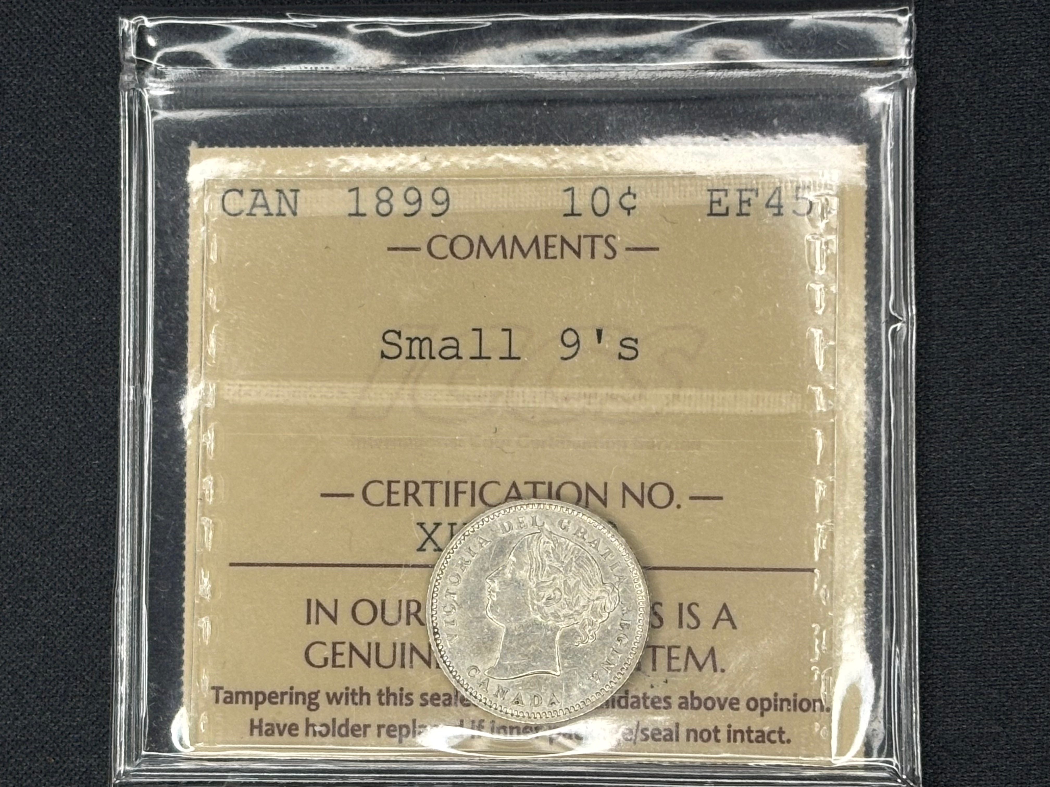 Canadian Silver Coin - 10 cents - 1899 Small 9s EF45 ICCS
