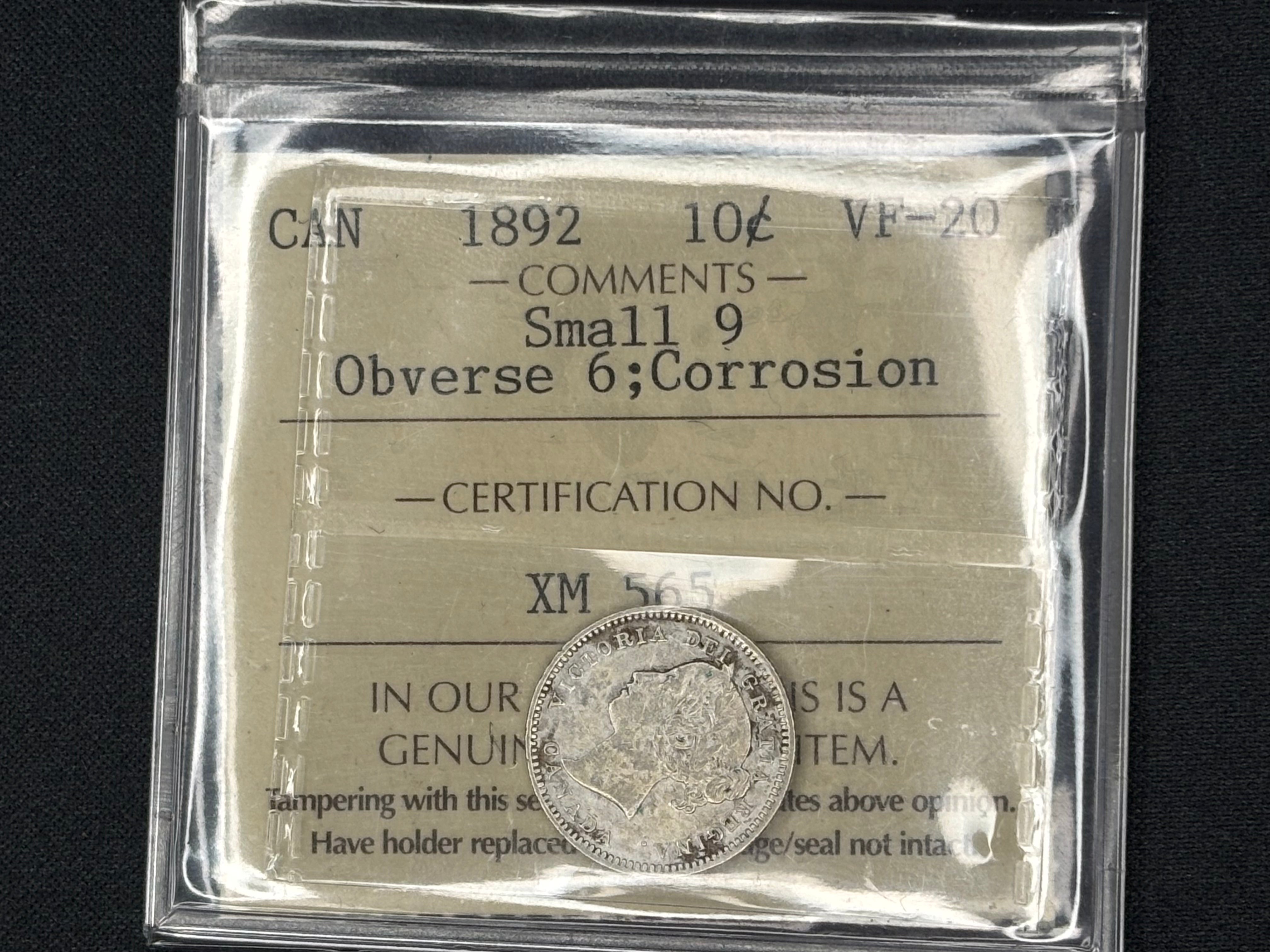 Canadian Silver Coin - 10 cents - 1892 Small 9 Obv 6 ; Corosion- VF20 ICCS