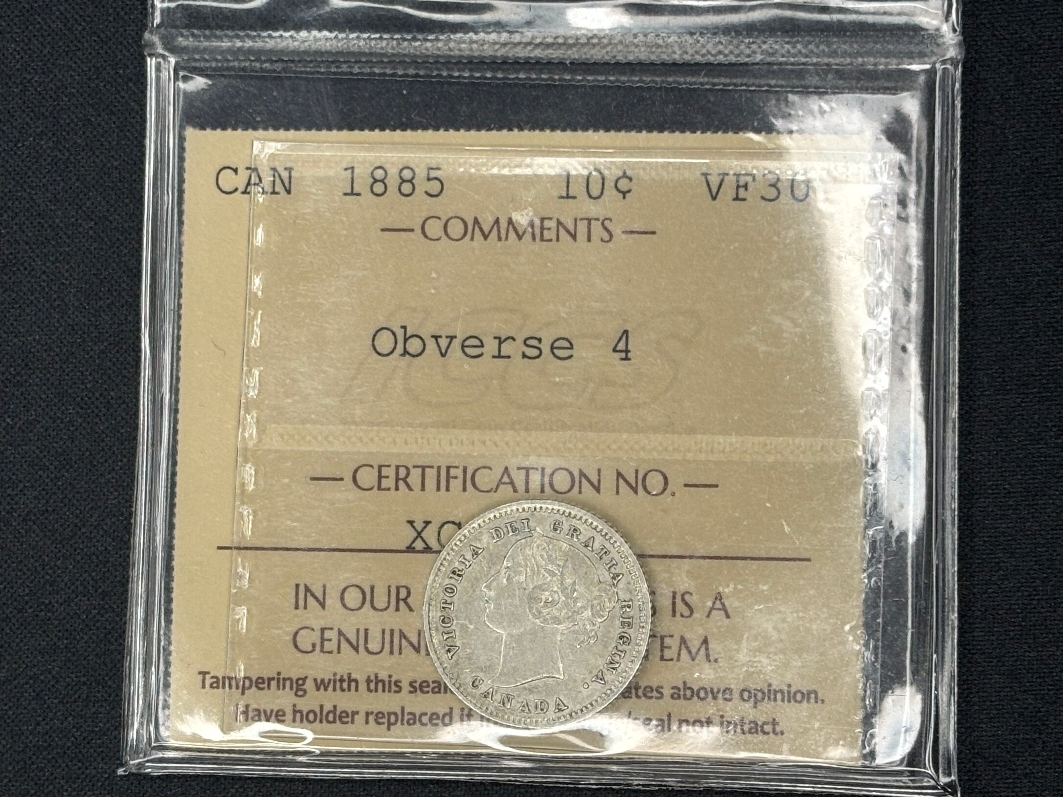 Canadian Silver Coin - 10 cents - 1885 Obv. 4 VF30 ICCS