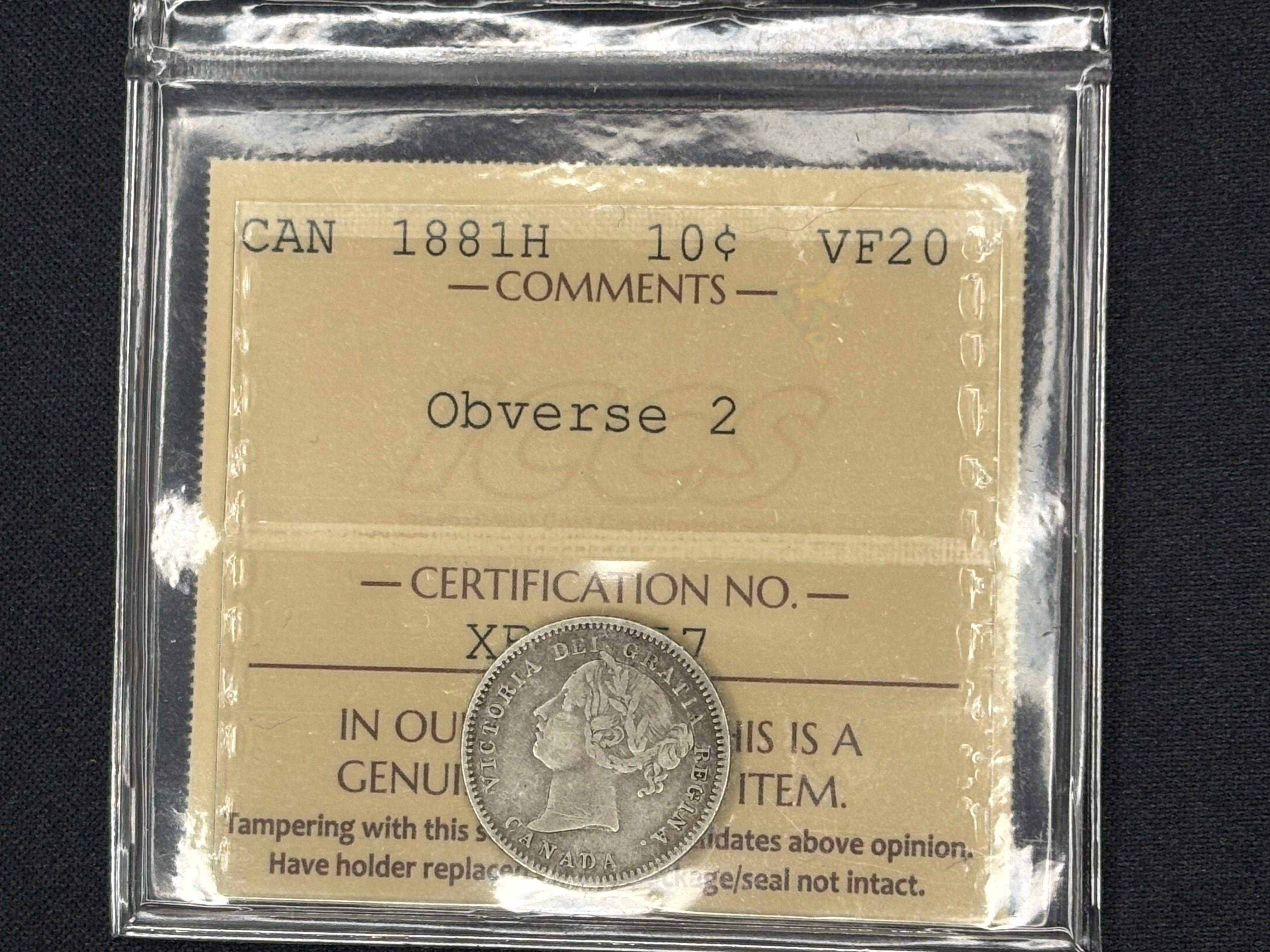 Canadian Silver Coin - 10 cents - 1881H Obv. 2 VF20 ICCS