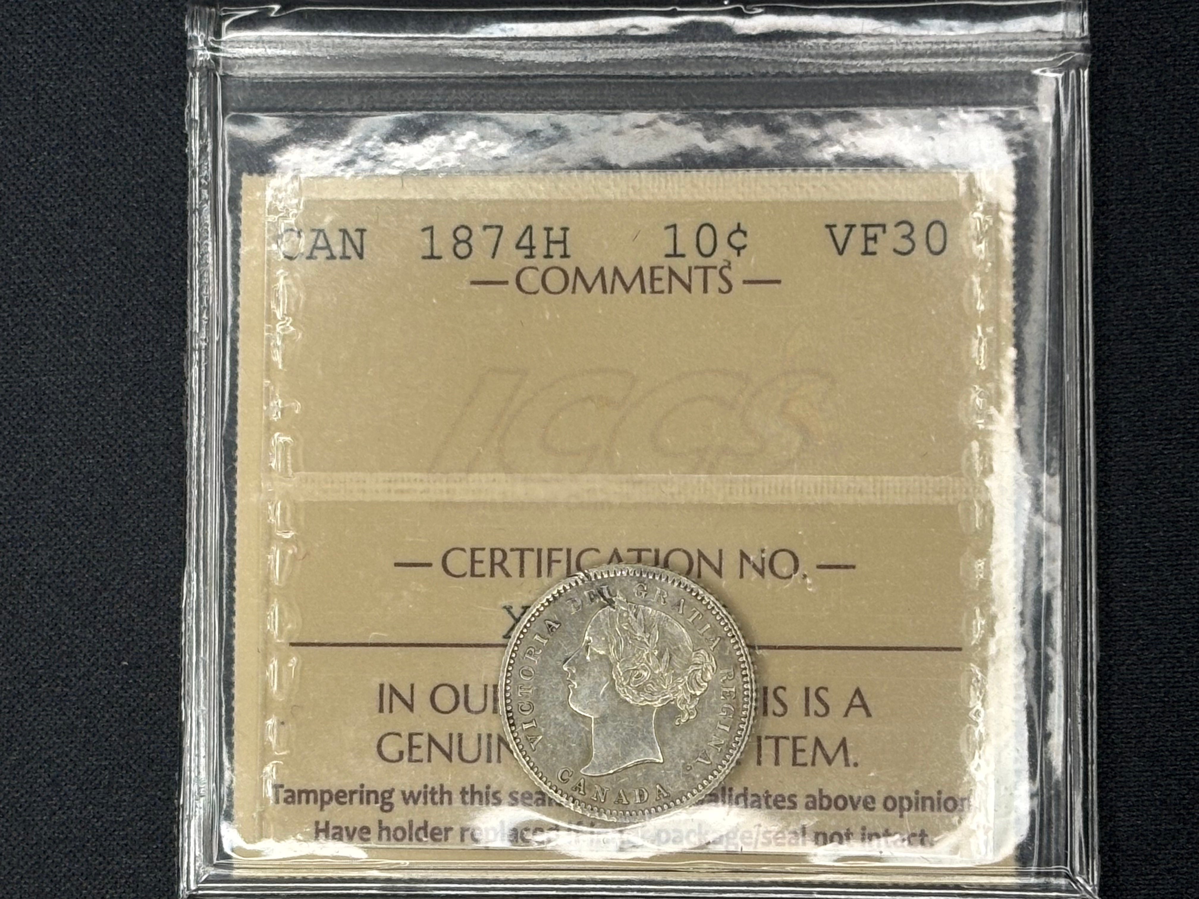Canadian Silver Coin - 10 cents - 1874H VF30 ICCS