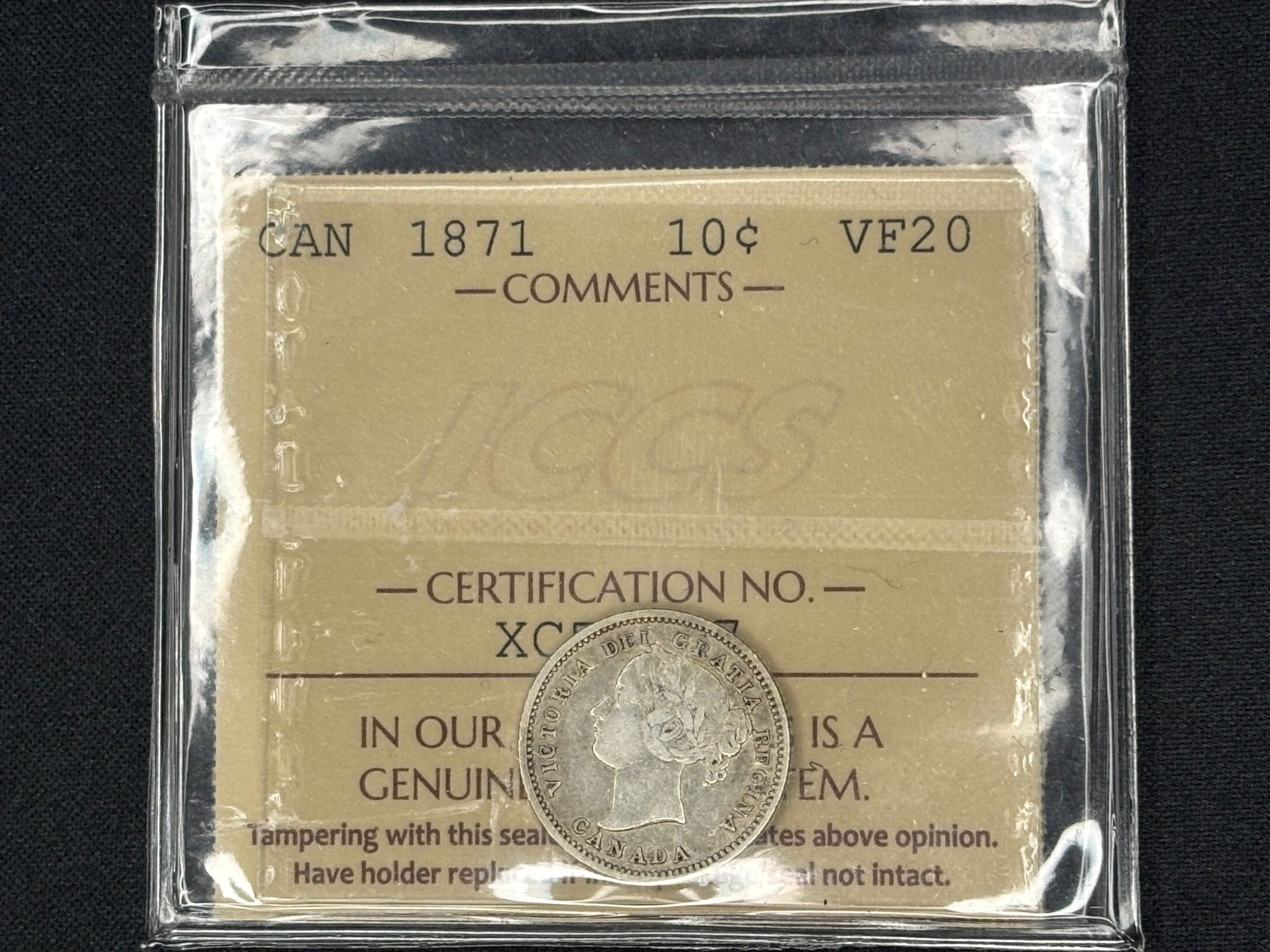 Canadian Silver Coin - 10 cents - 1871 VF20 ICCS