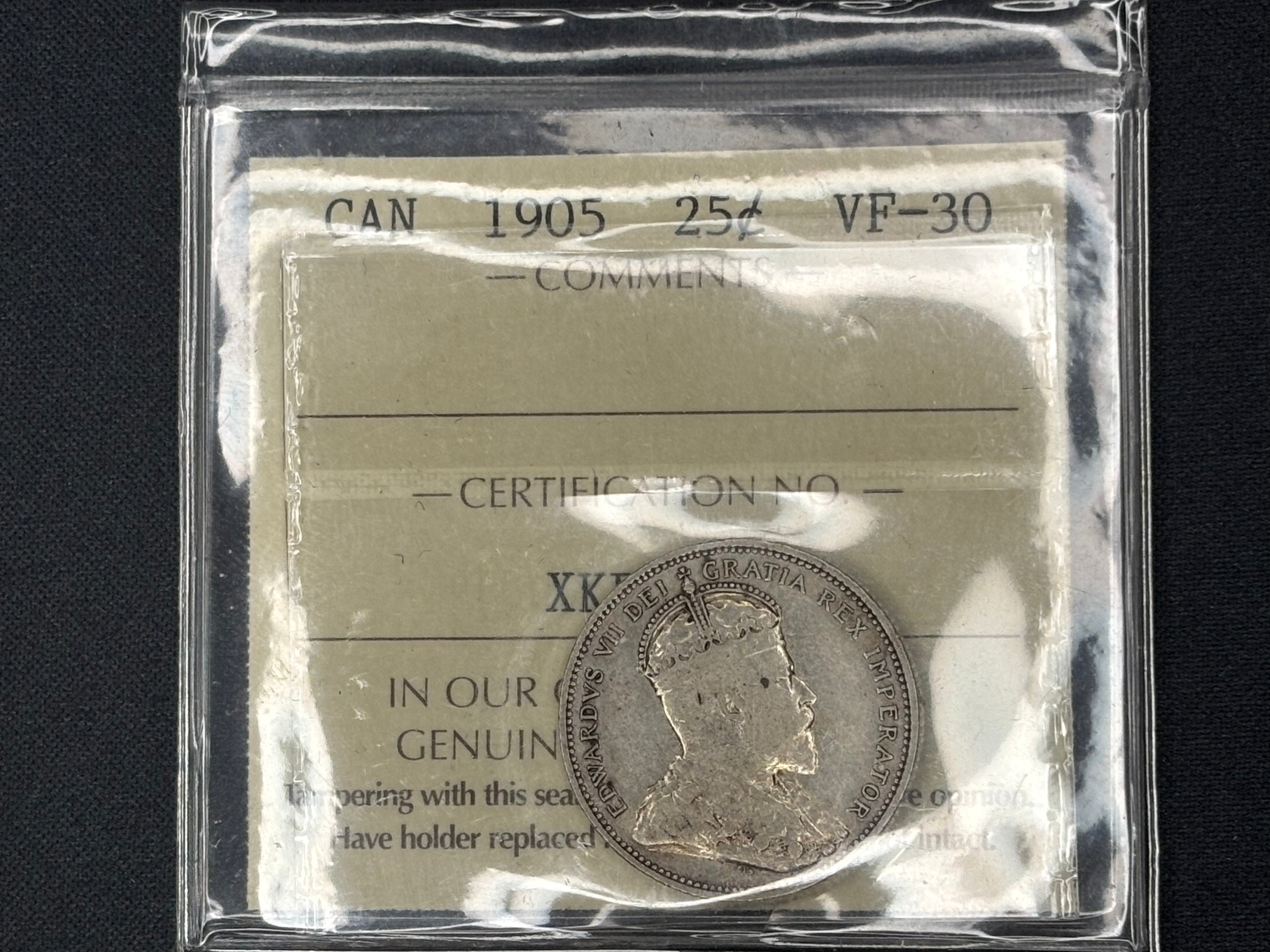 Canadian Coin - 25 cents - 1905 - VF30 ICCS