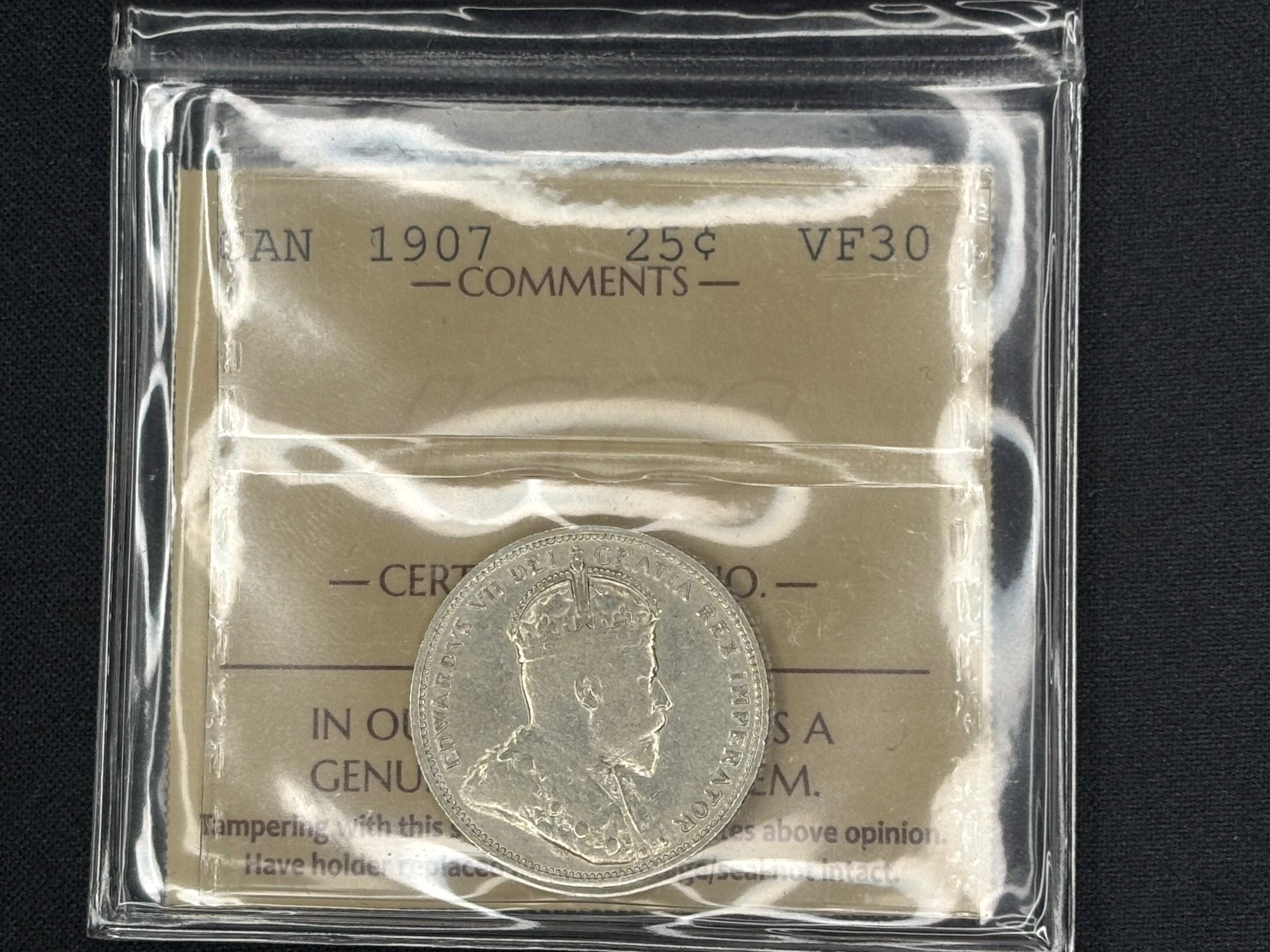 Canadian Silver Coin - 25 cents - 1907 VF30 ICCS