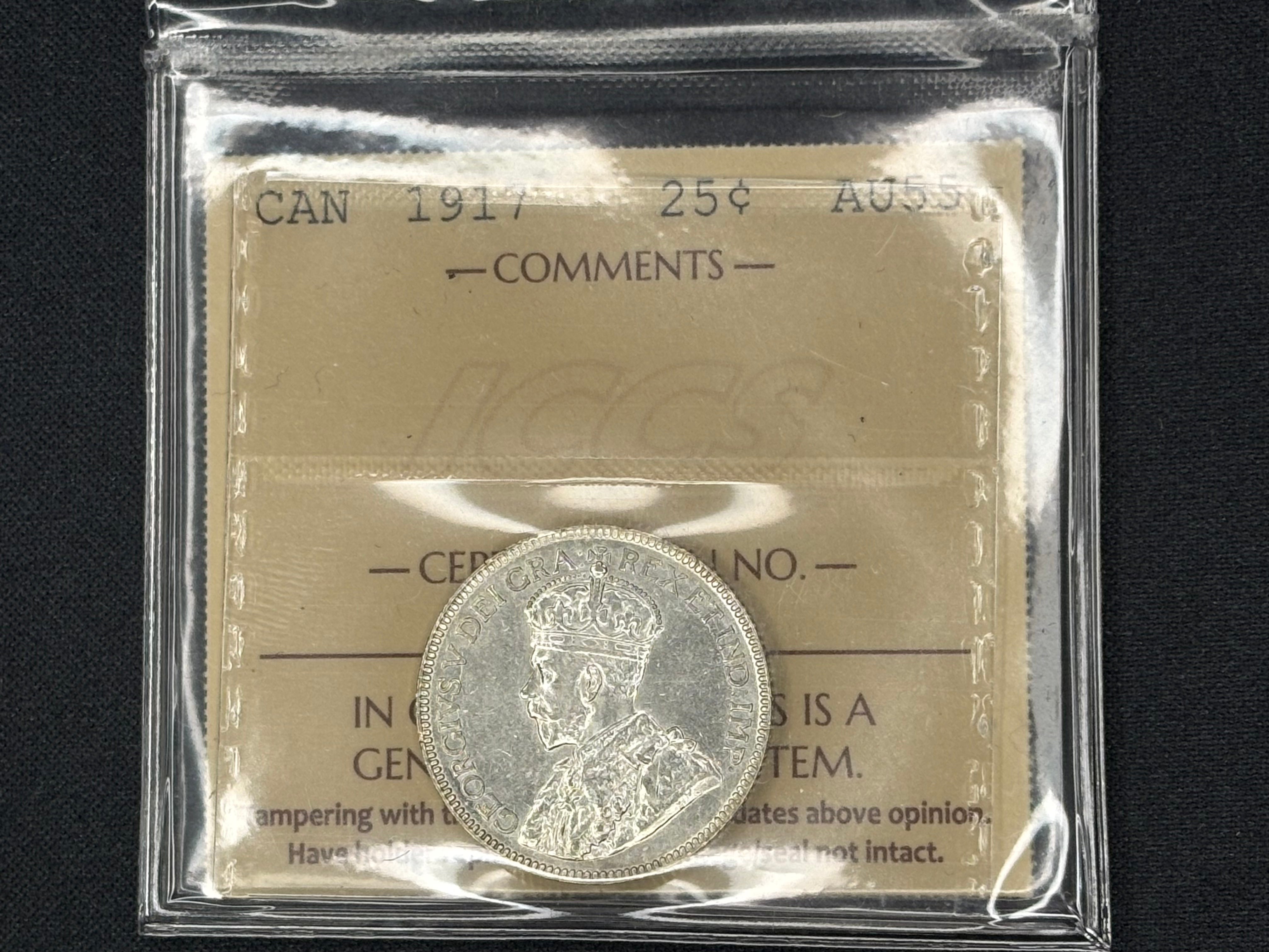 Canadian Silver Coin - 25 cents - 1917 AU55 ICCS