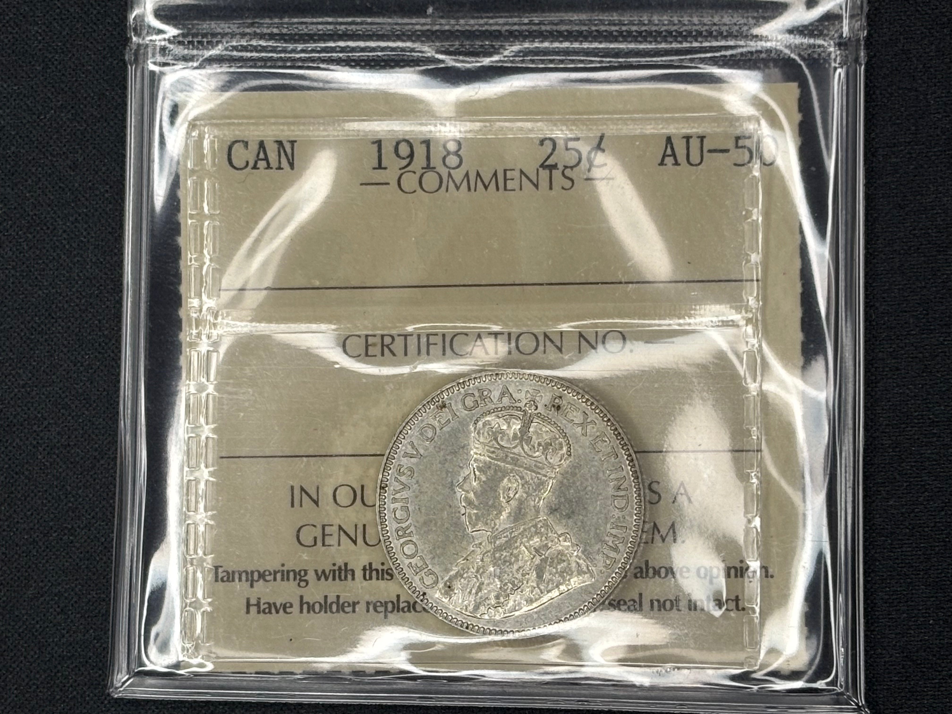 Canadian Silver Coin - 25 cents - 1918 - AU50 ICCS