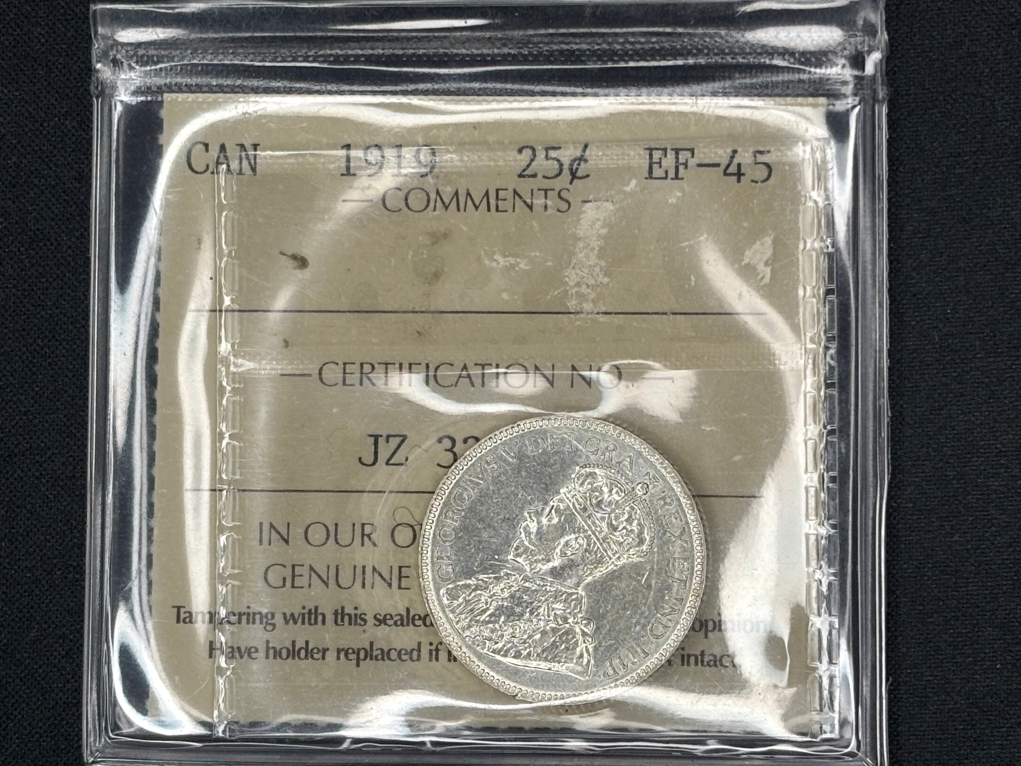 Canadian Silver Coin - 25 cents - 1919 - EF45 ICCS