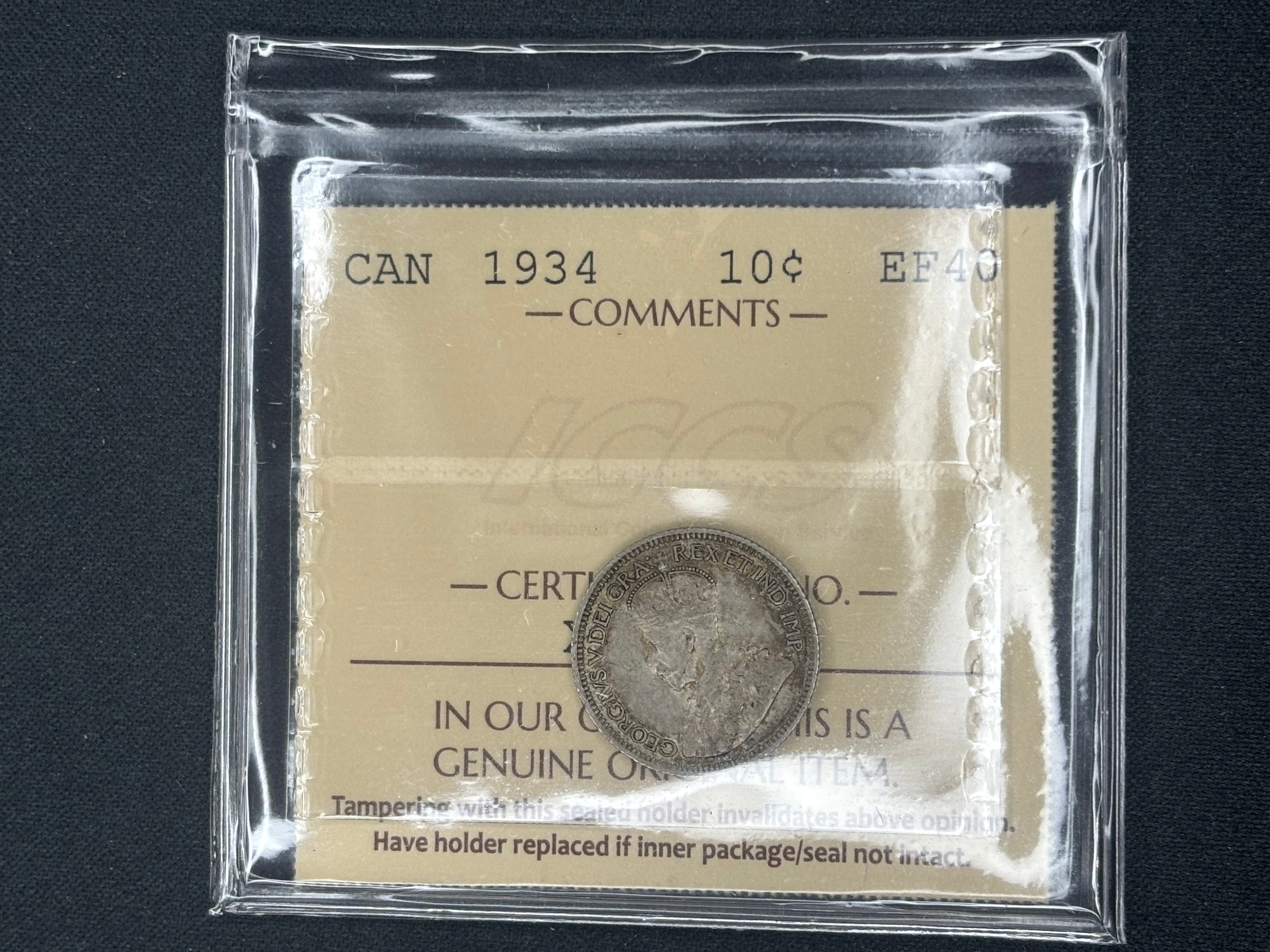 Canadian Silver Coin - 10 cents - 1934 - EF40 ICCS