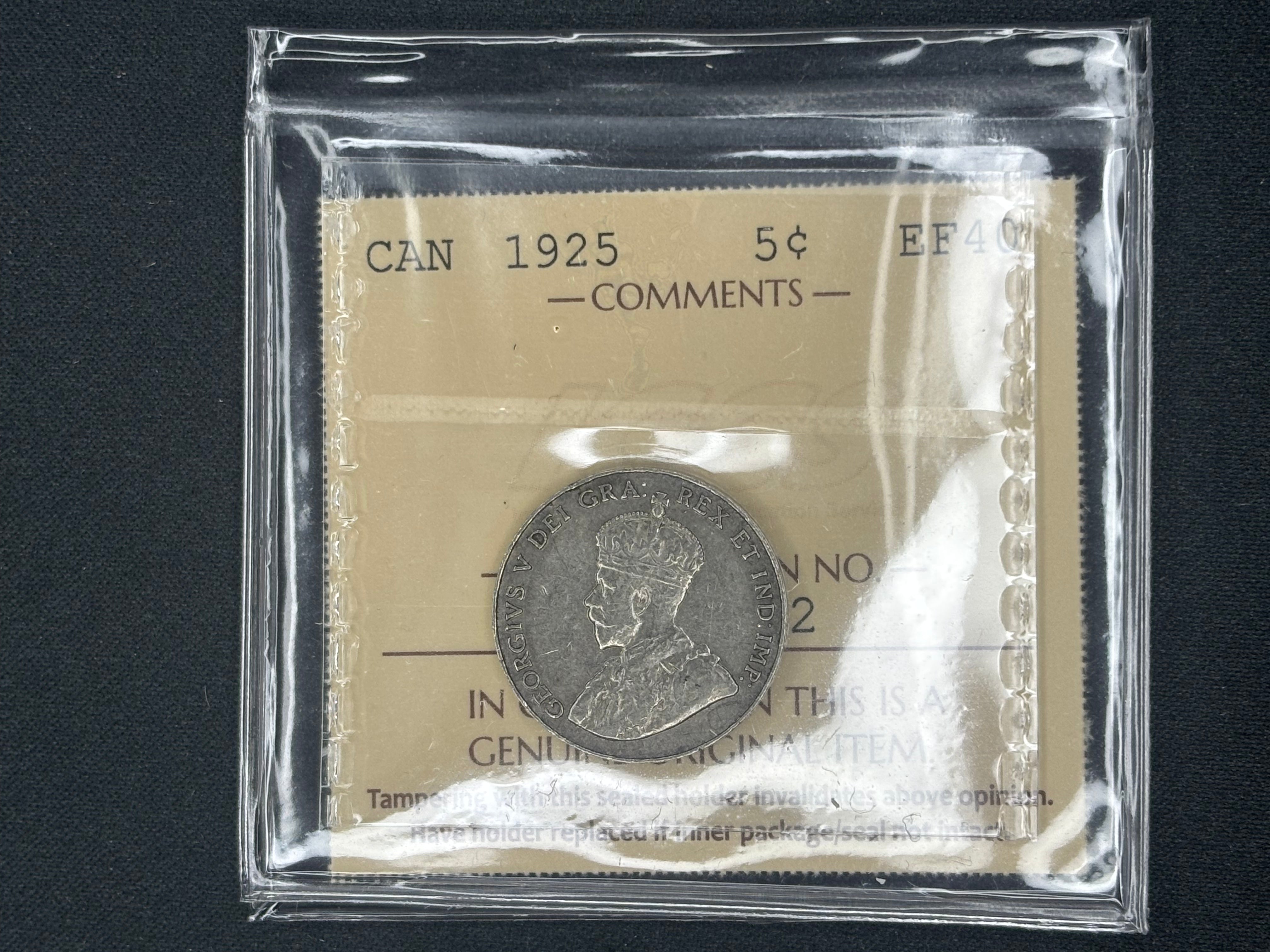 Canadian Nickel Coin - 5 cents - 1925 - EF40 ICCS