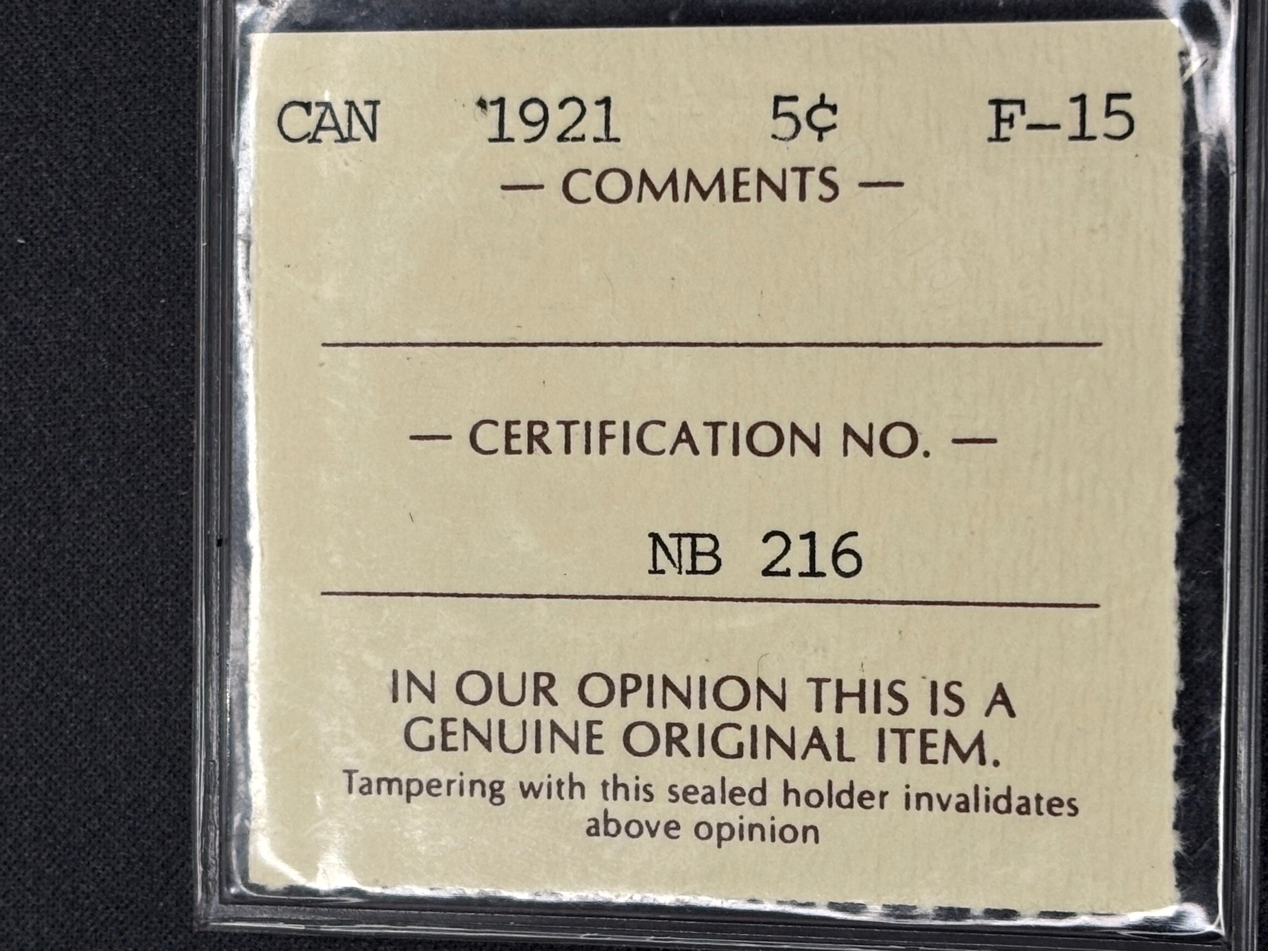 Extra Key date Canadian Silver Coin - 5 cents - 1921 - F15 ICCS