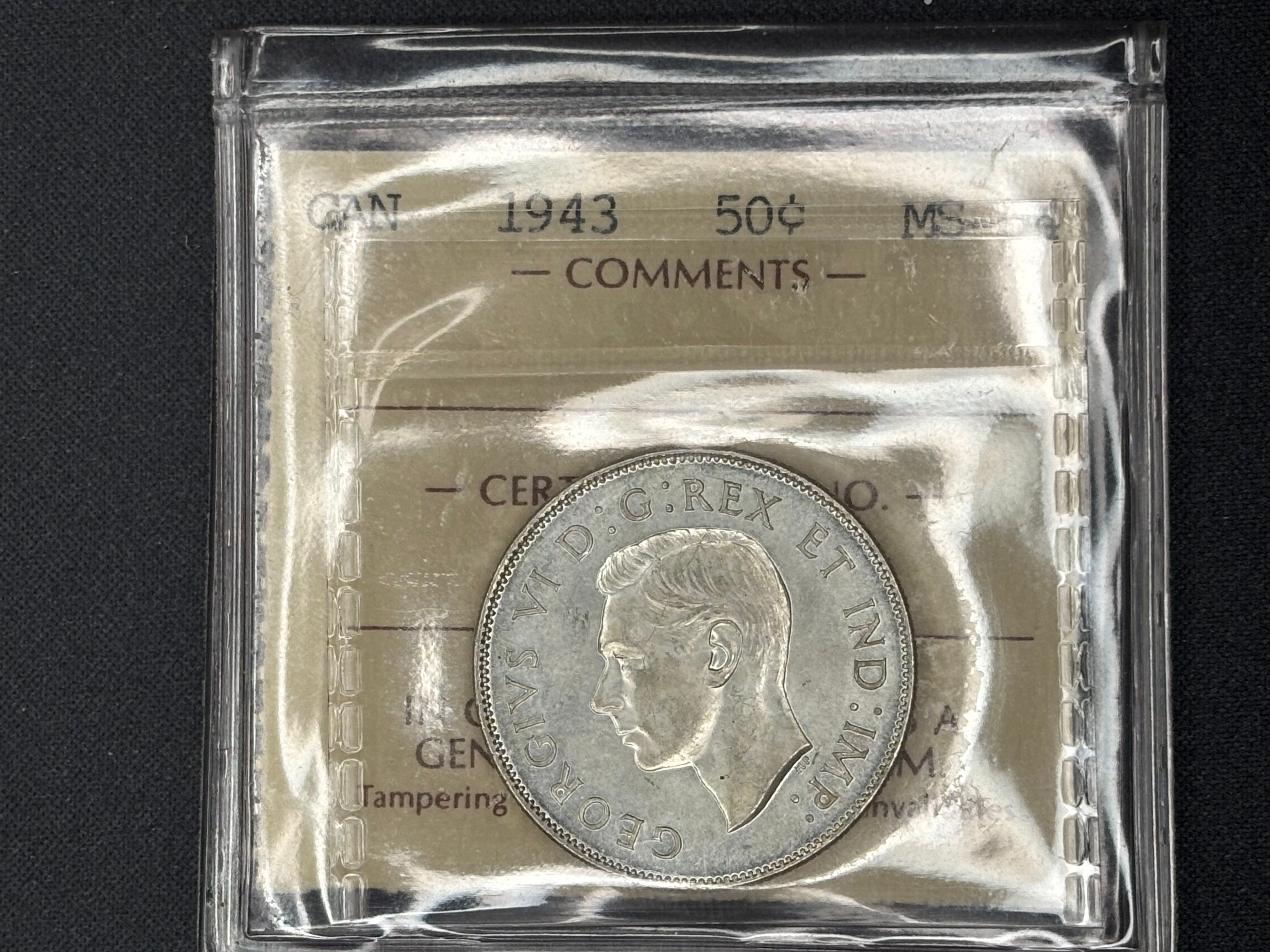Canadian Silver Coin - 50 cents - 1943 Near 3 - MS64 ICCS