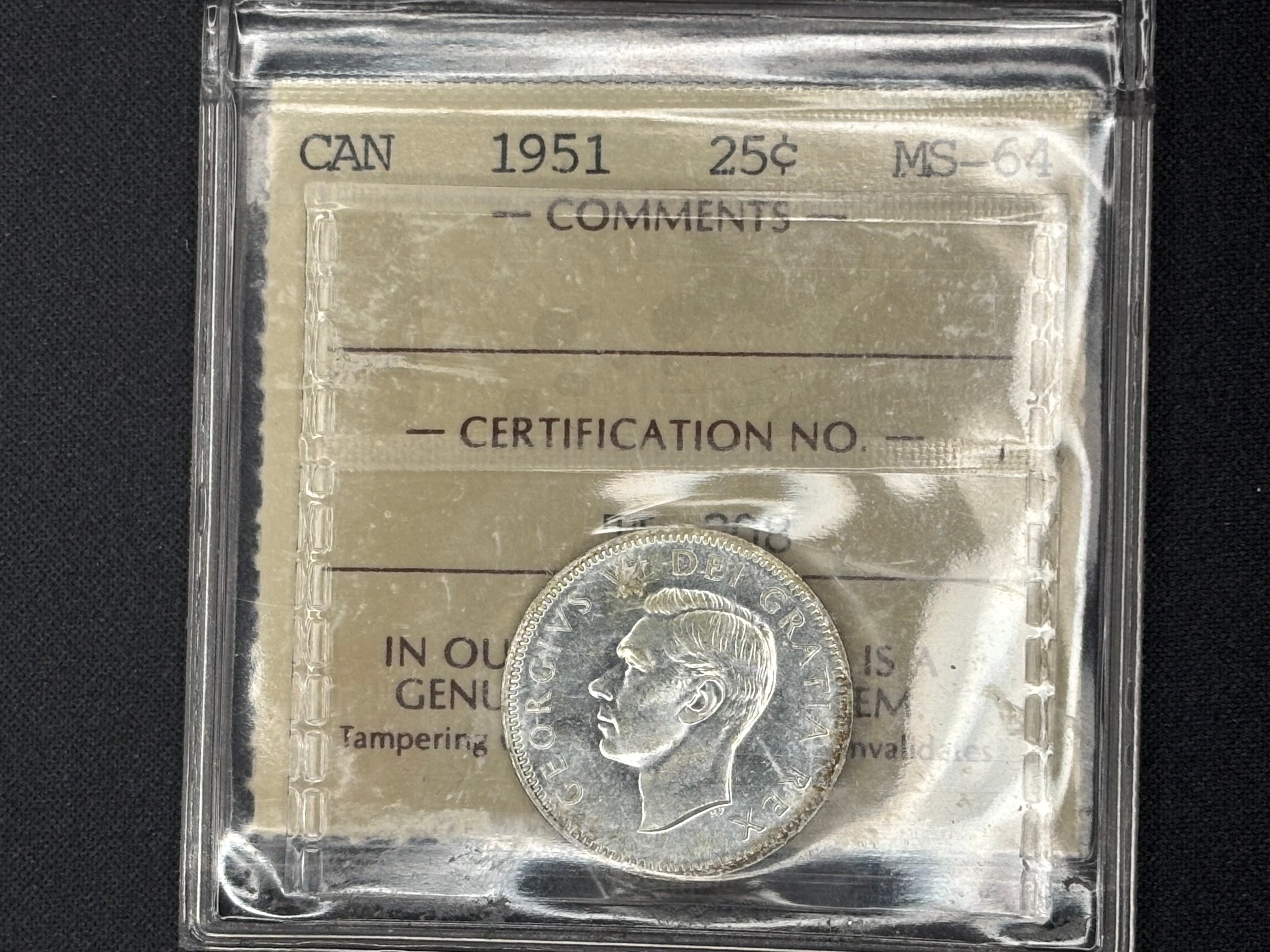 Canadian Silver Coin - 25 cents - 1951 - MS64 ICCS