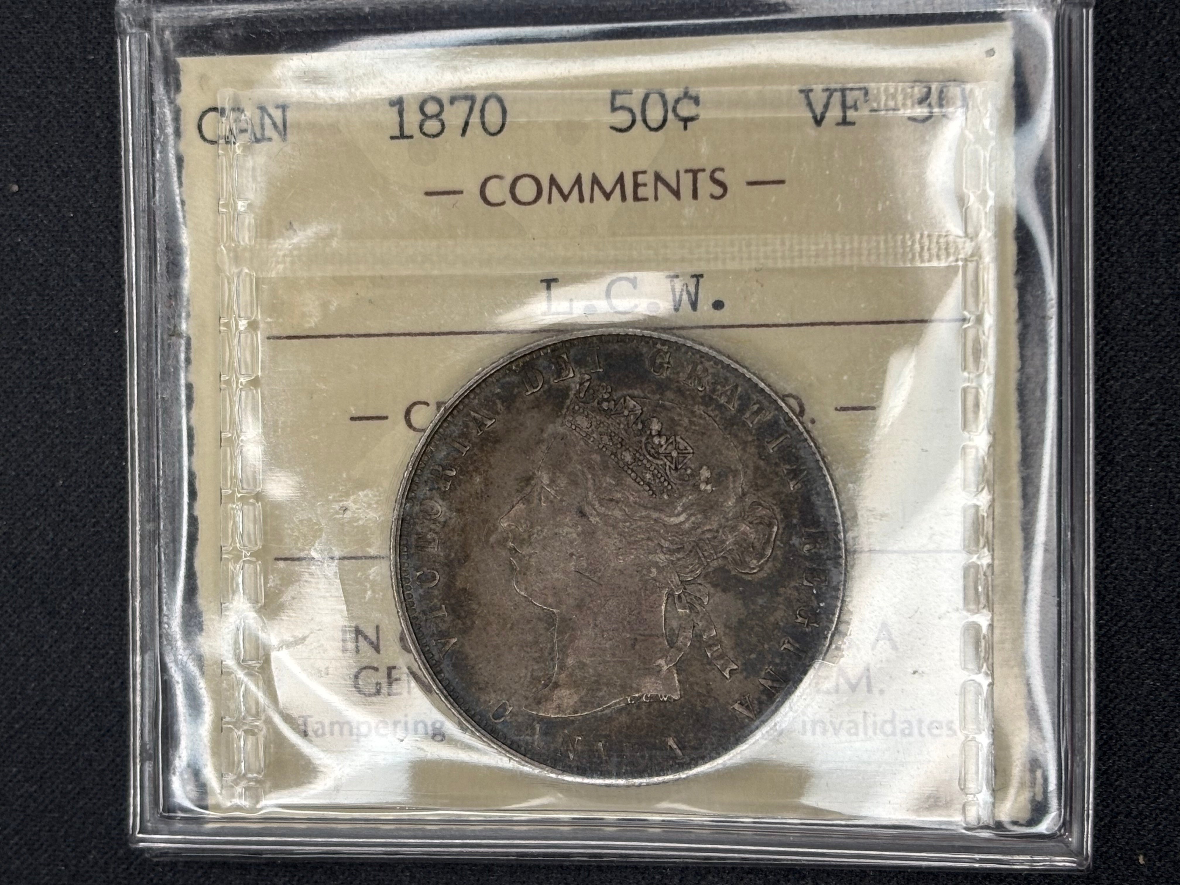 Canadian Silver Coin - 50 cents - 1870 L.C.W Toned - VF30 ICCS