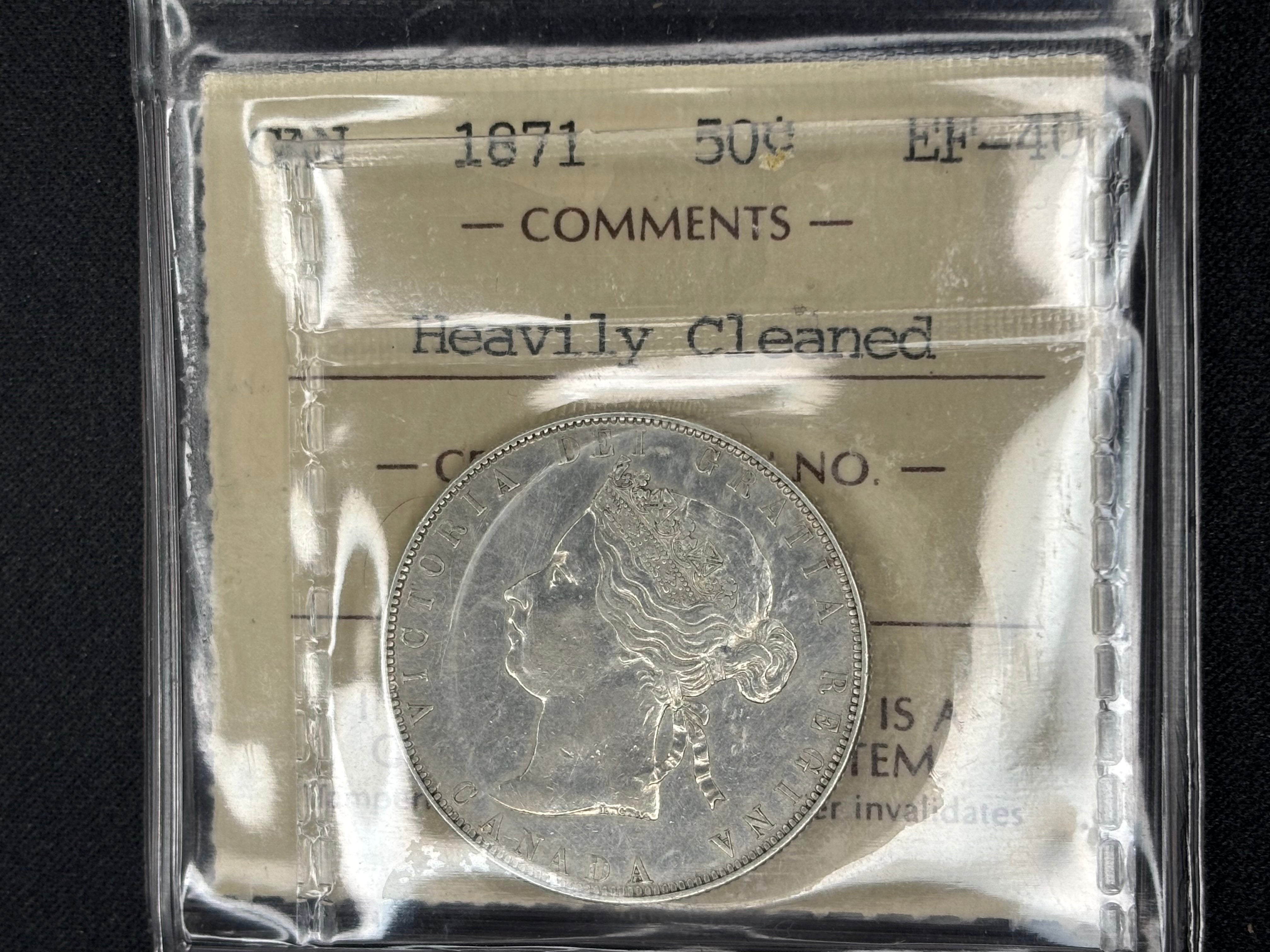 Canadian Silver Coin - 50 cents - 1871 Cleaned - EF40 ICCS