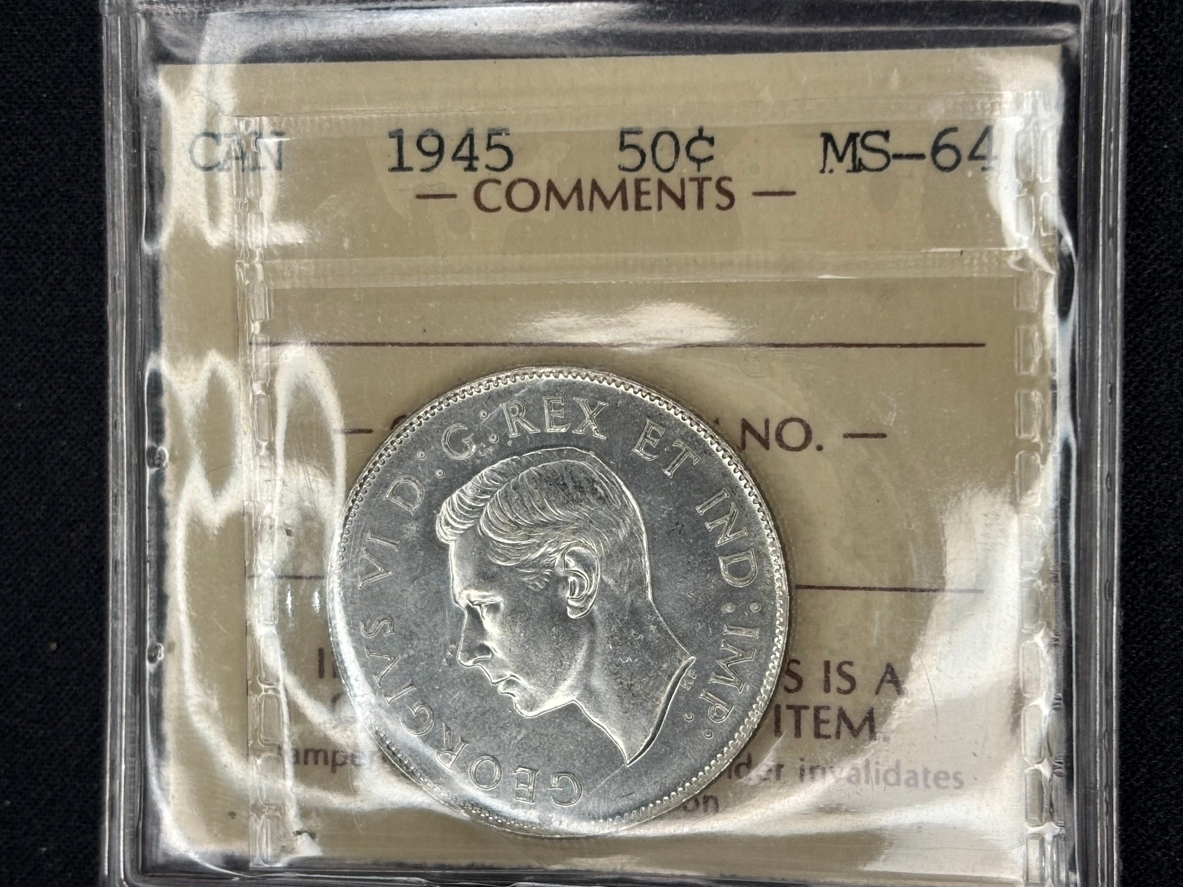 Canadian Silver Coin - 50 cents - 1945 - MS64 ICCS