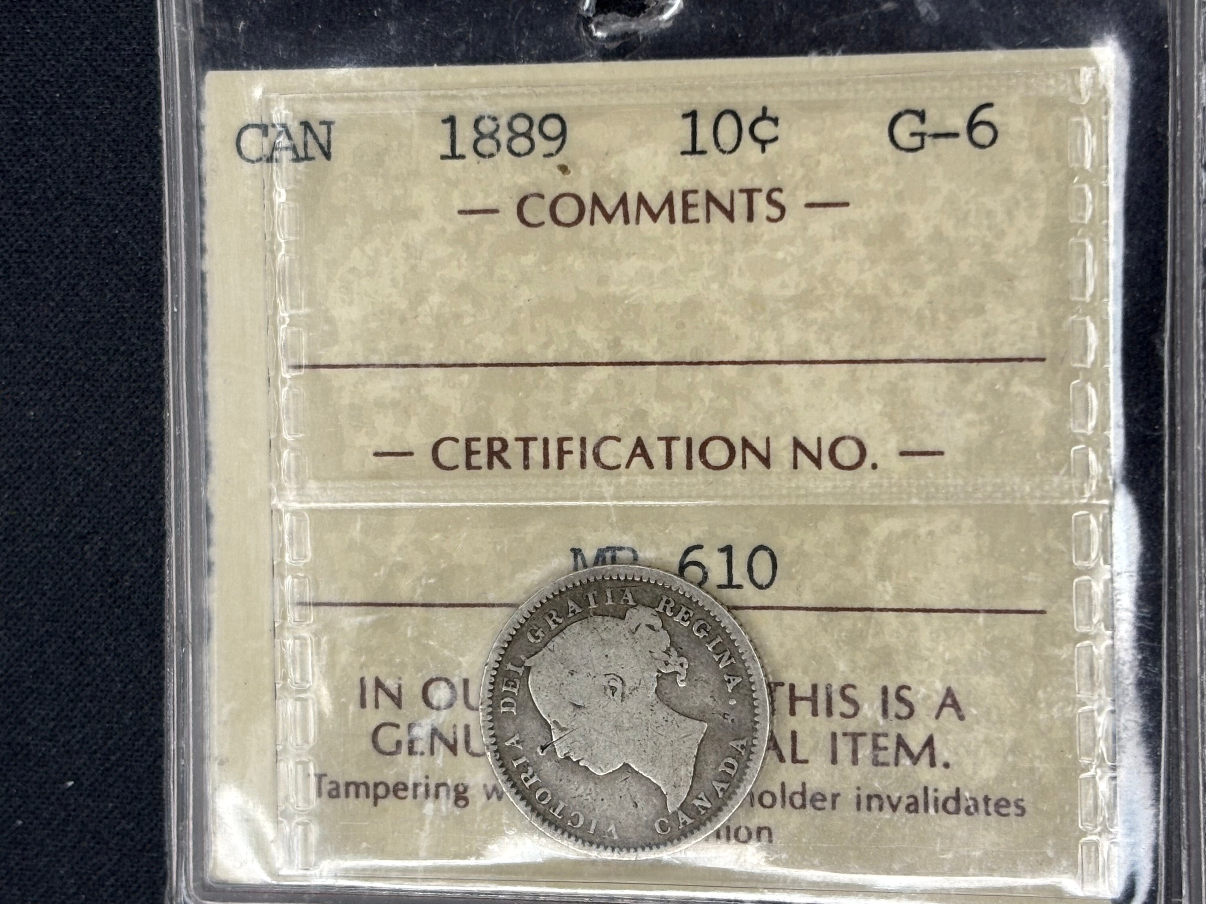 Key date Canadian Silver Coin - 10 cents - 1889 - G6 ICCS