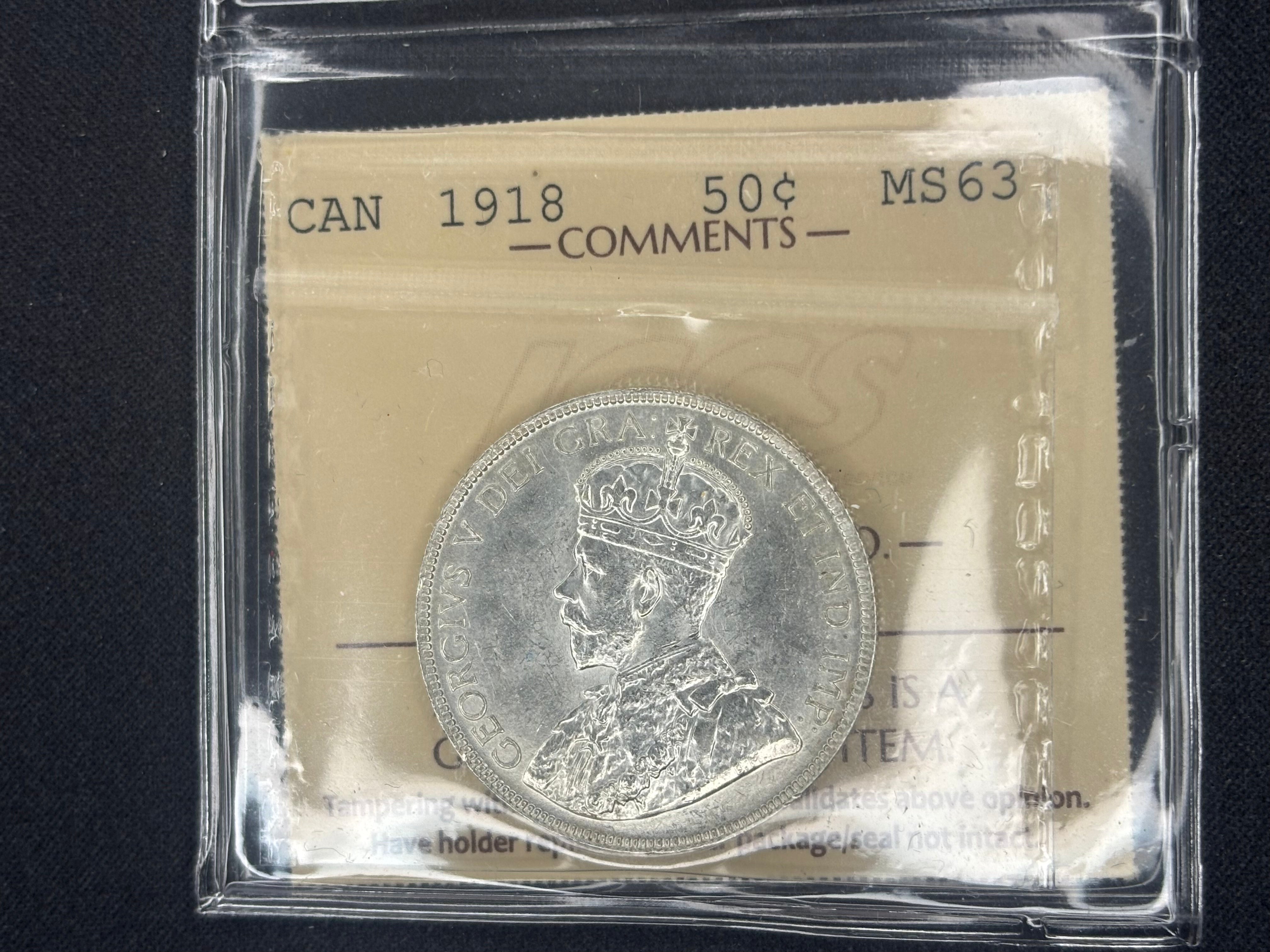 Canadian Silver Coin - 50 cents - 1918 - MS63 ICCS