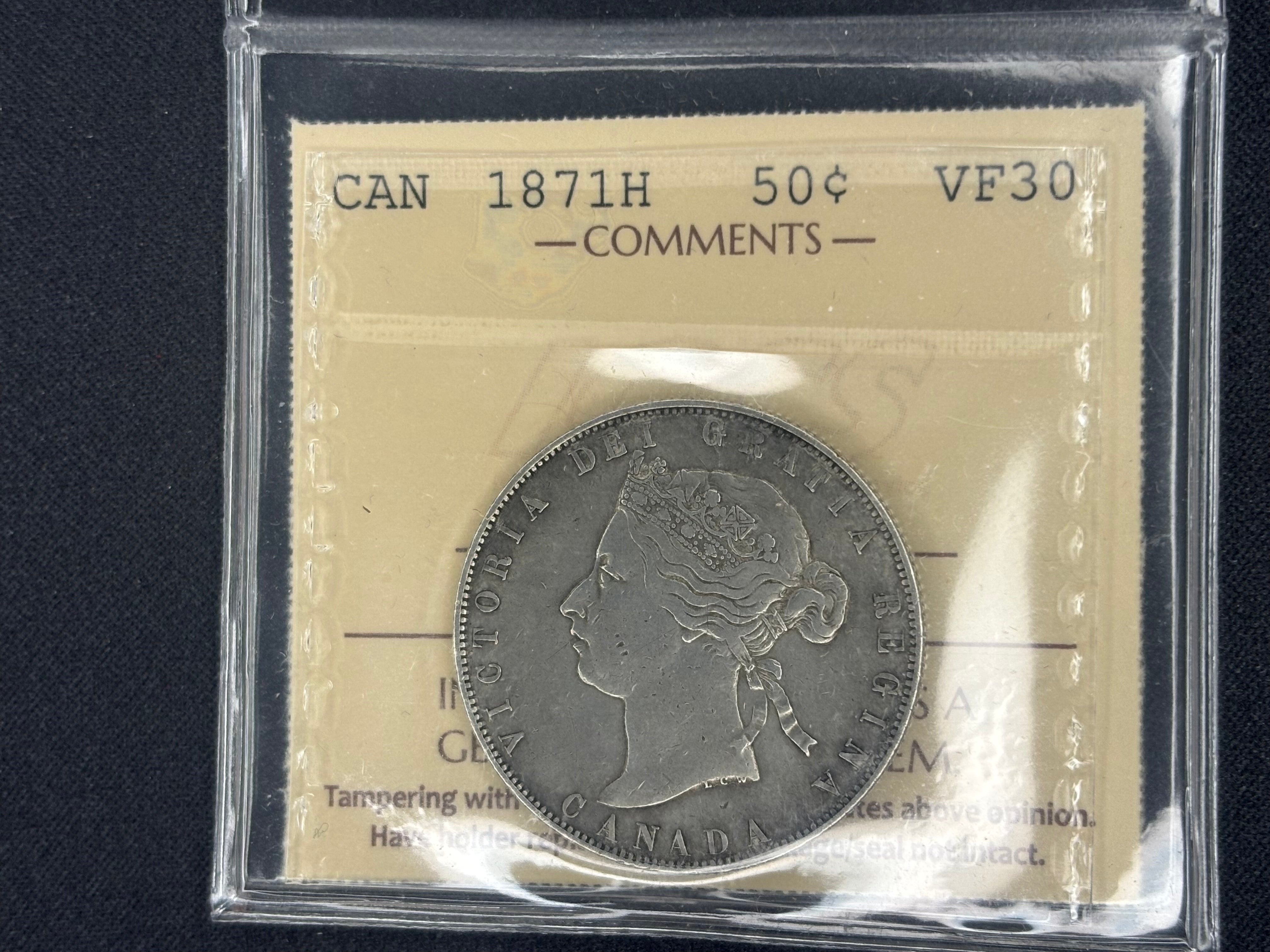 Scarce Canadian Silver Coin - 50 cents - 1871H - VF30 ICCS