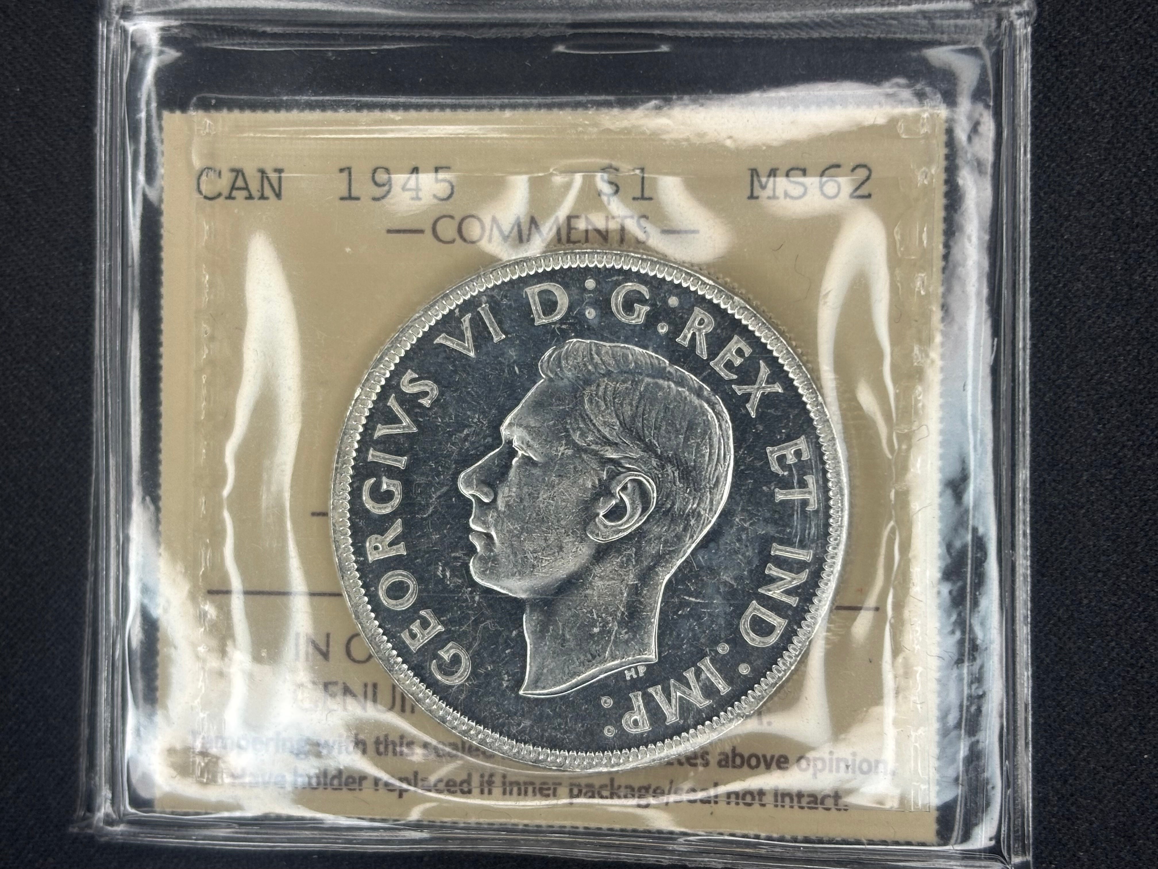 Canadian Silver Coin - Dollar - 1945 5/5 - MS62 ICCS