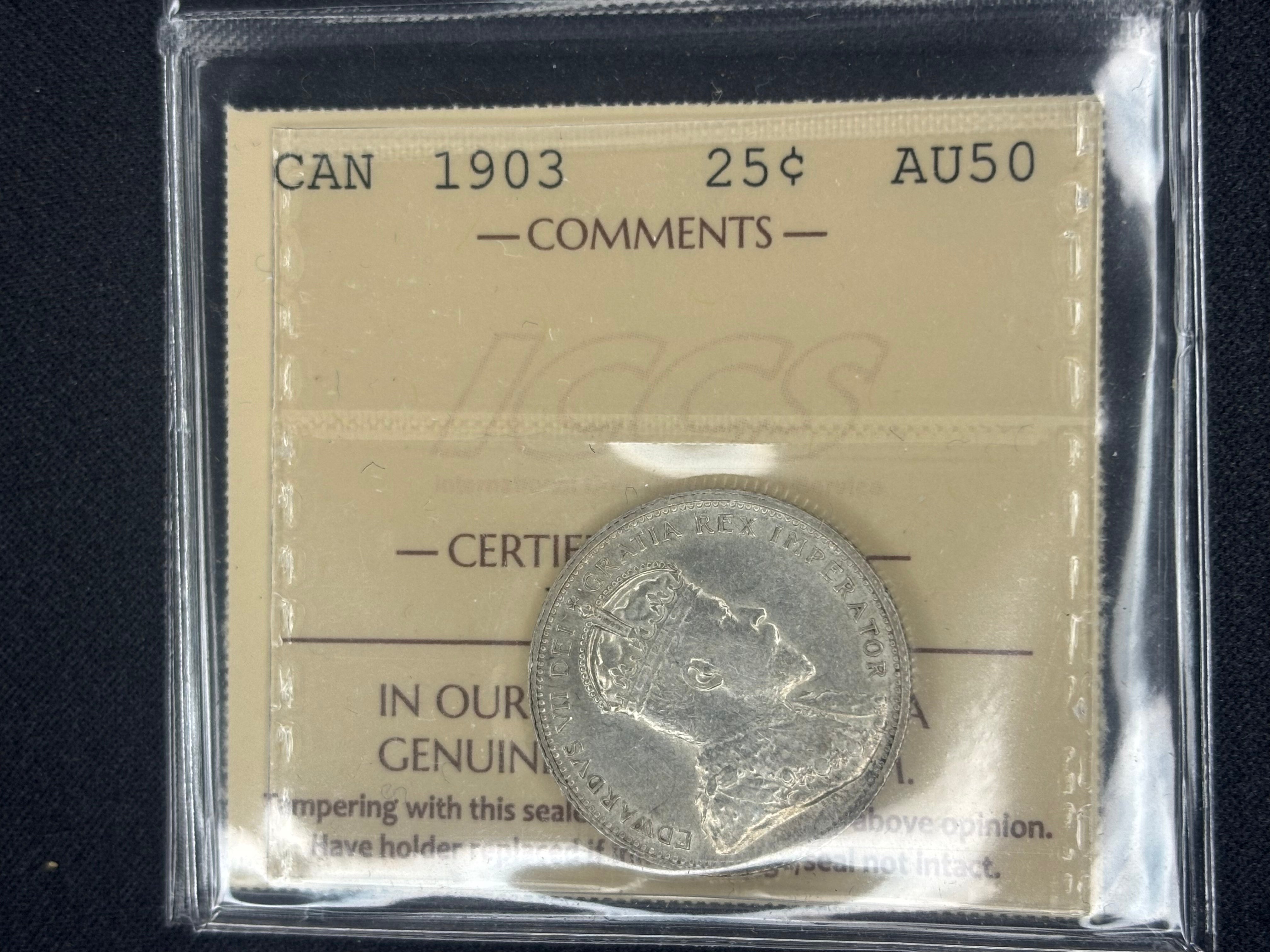 Canadian Silver Coin - 25 cents - 1903 - AU50 ICCS