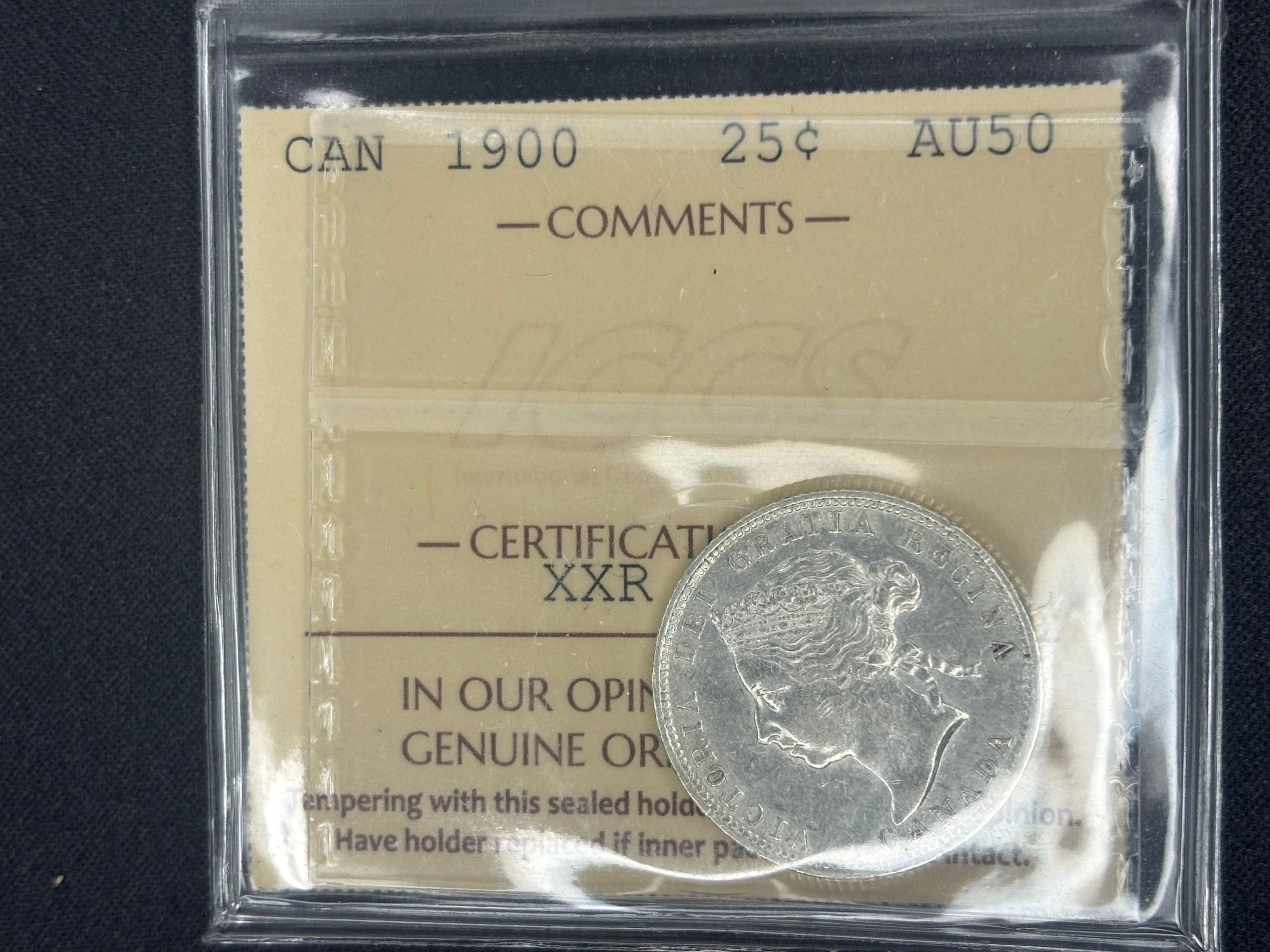 Canadian Silver Coin - 25 cents - 1900 - AU50 ICCS