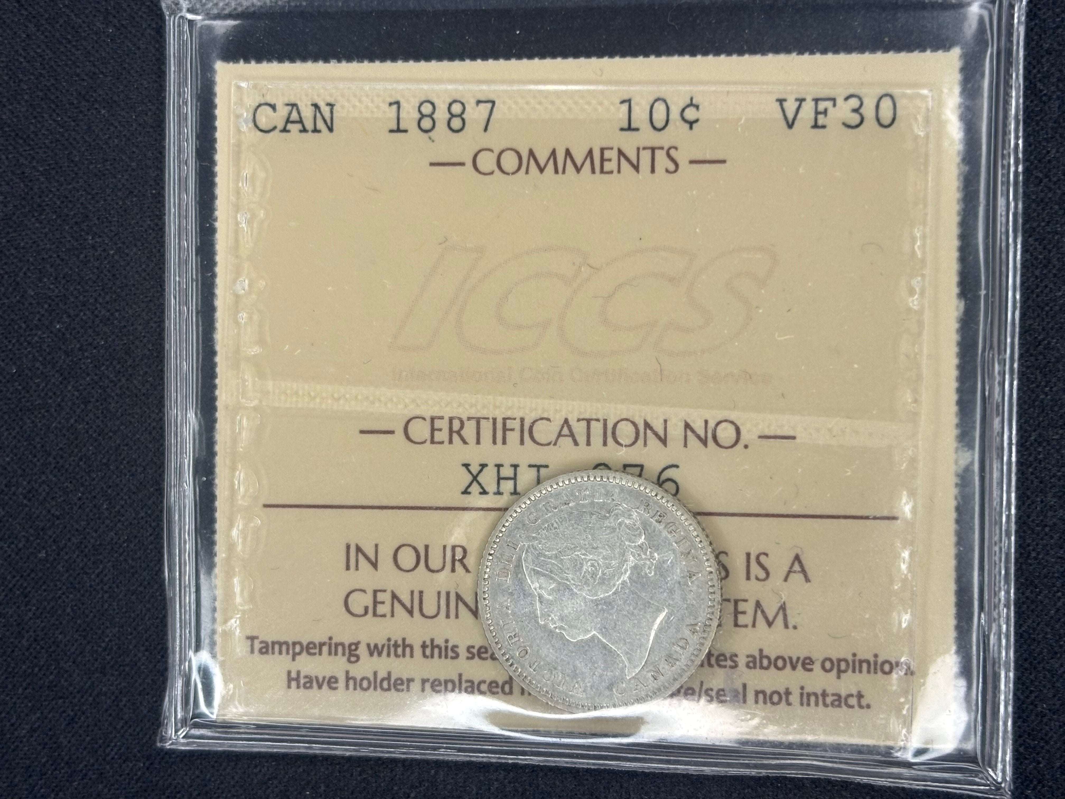 Canadian Silver Coin - 10 cents - 1887 - VF30 ICCS