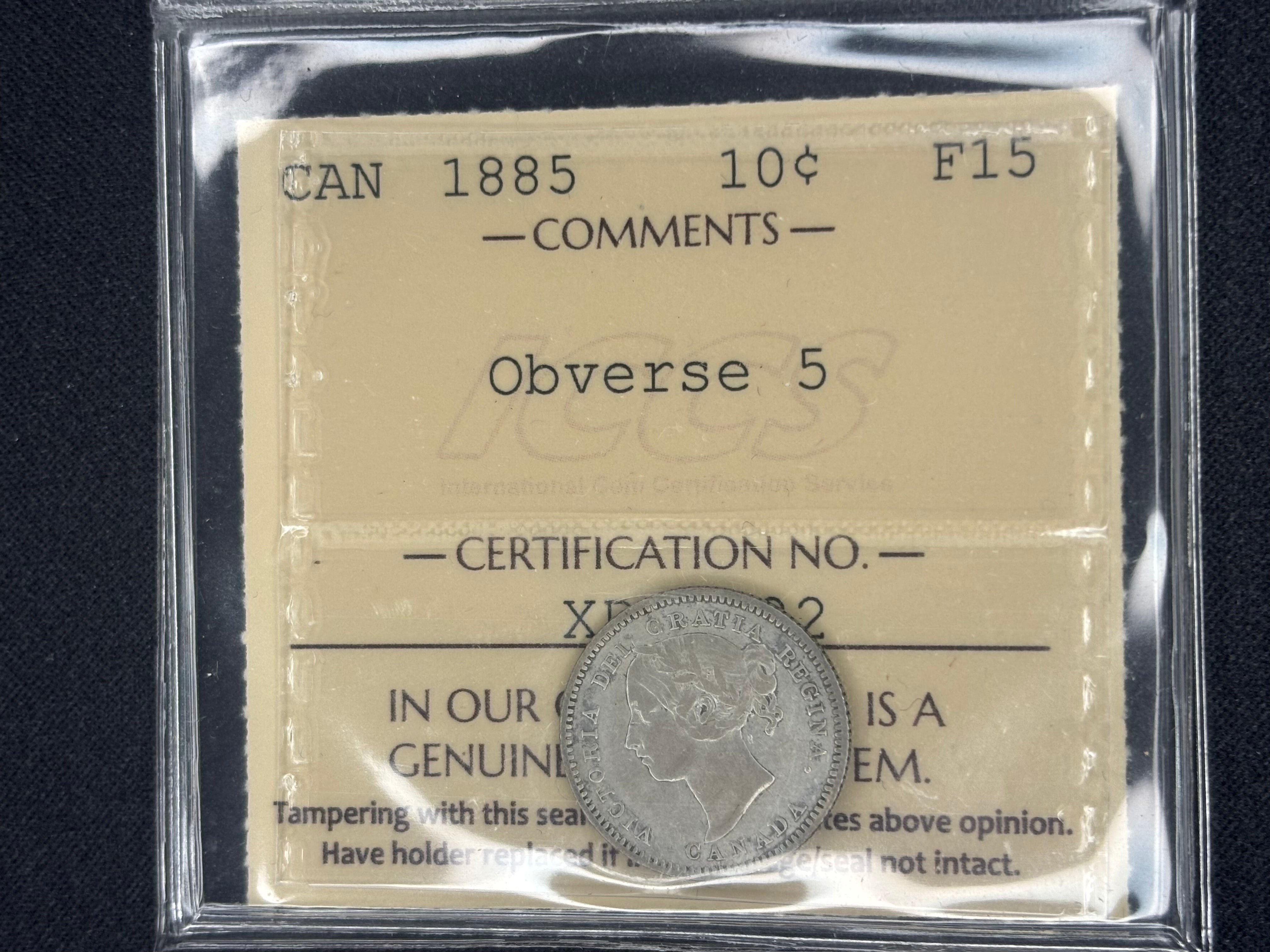 Canadian Silver Coin - 10 cents - 1885 Obv. 5 - F15 ICCS