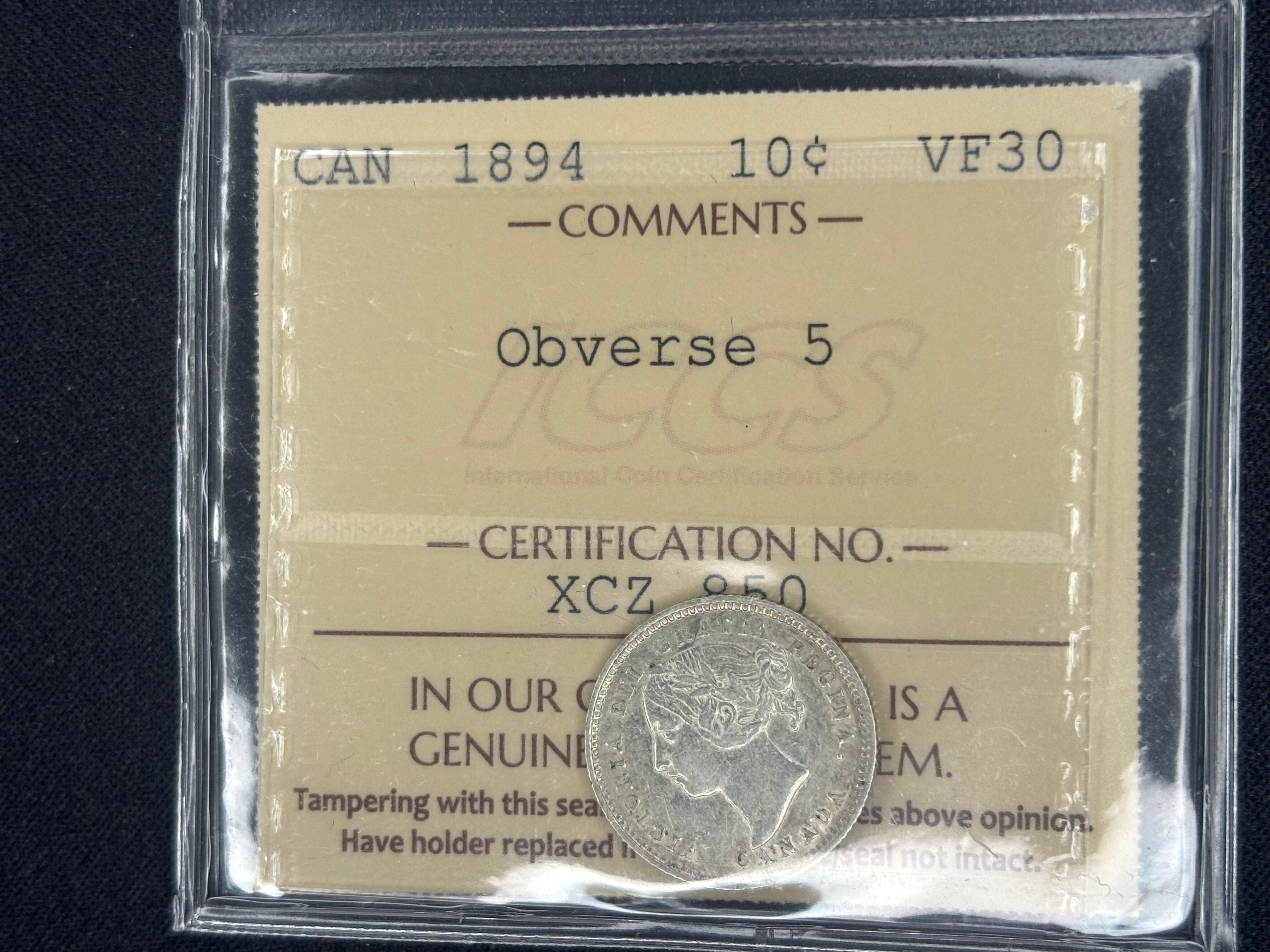 Canadian Silver Coin - 10 cents - 1894 Obv. 5 - VF30 ICCS