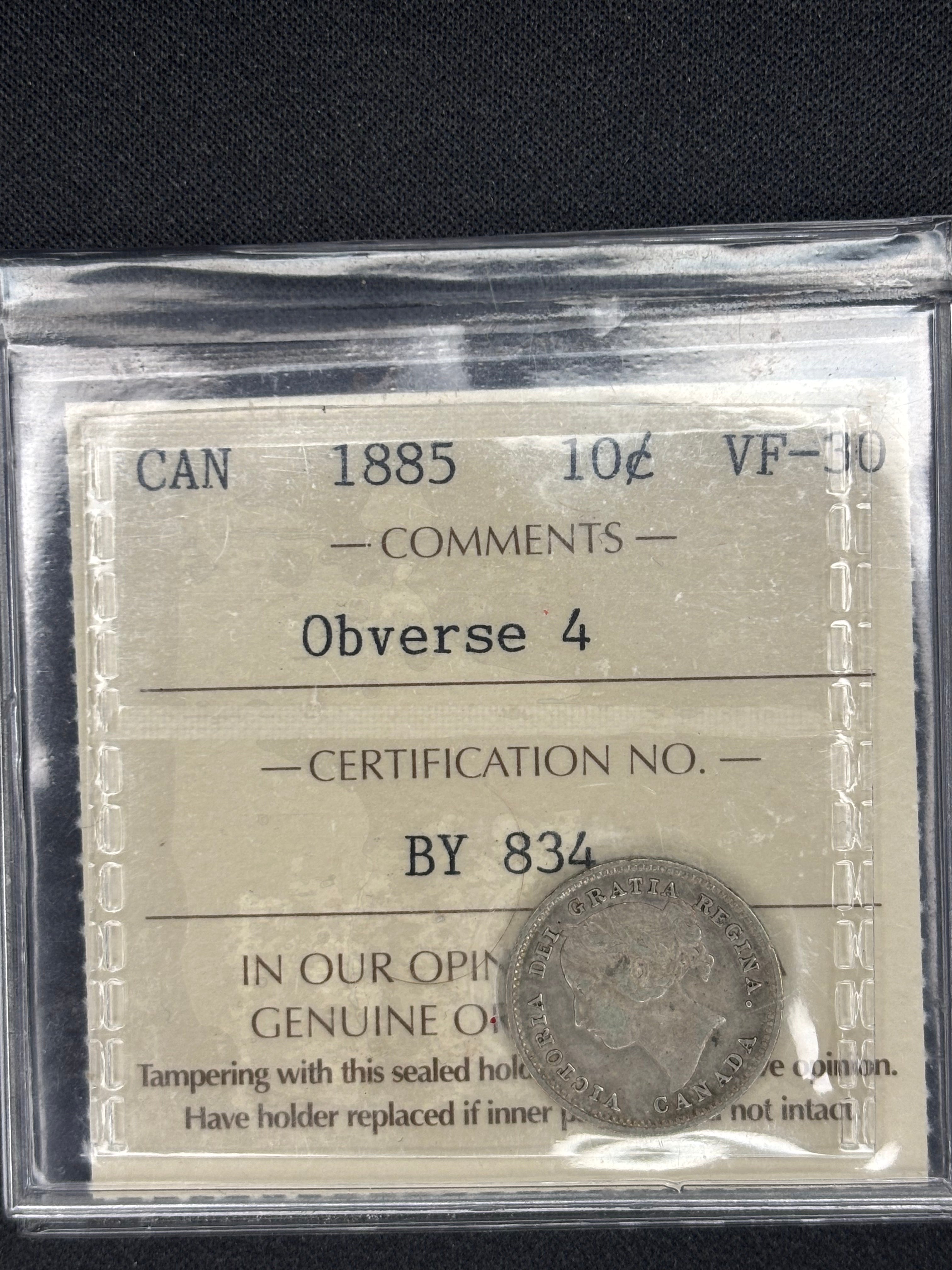 Canadian Silver Coin - 10 cents - 1885 Obv 4 - VF30 ICCS