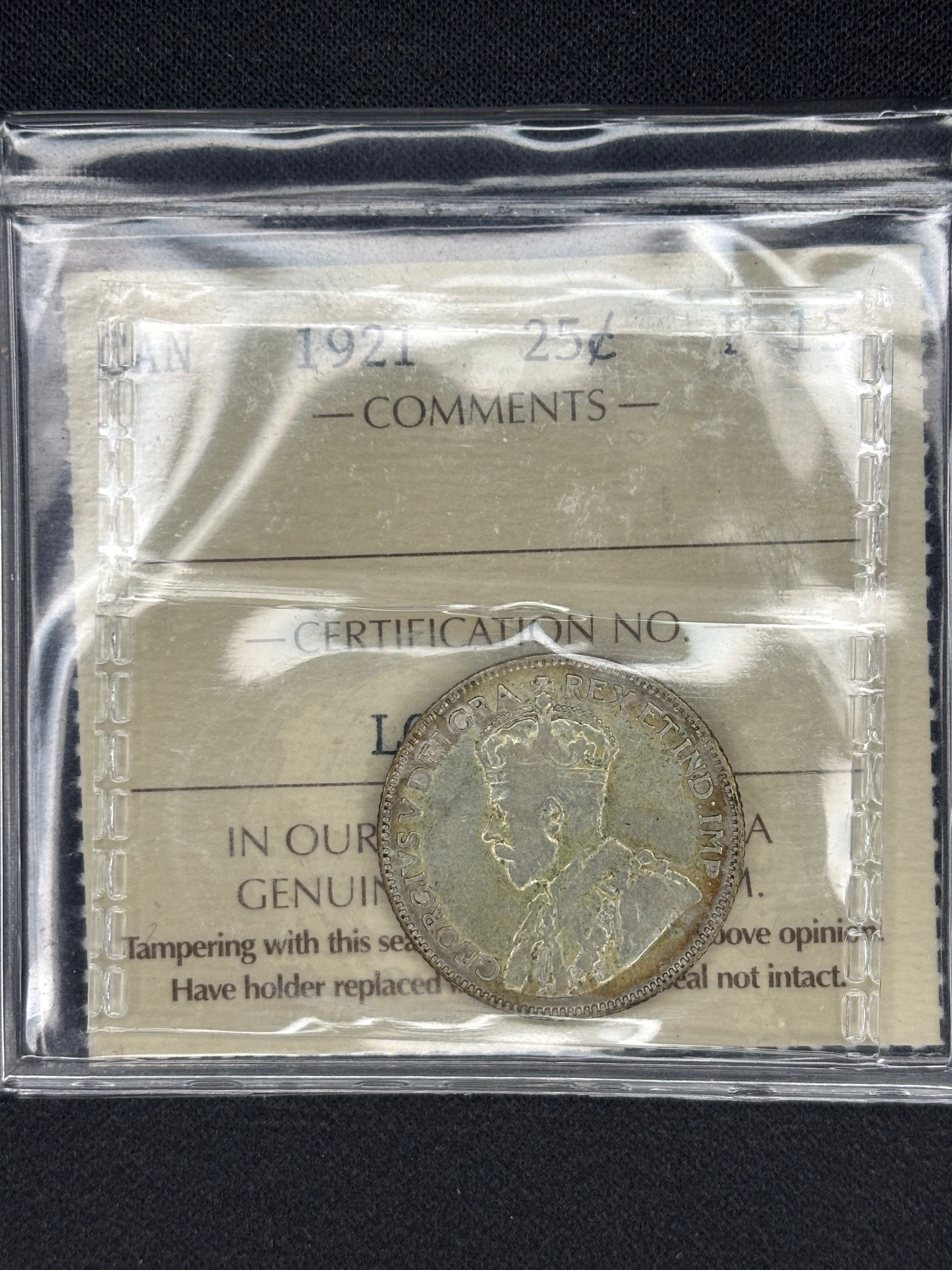 Canadian Silver Coin - 25 cents - 1921 - F15 ICCS