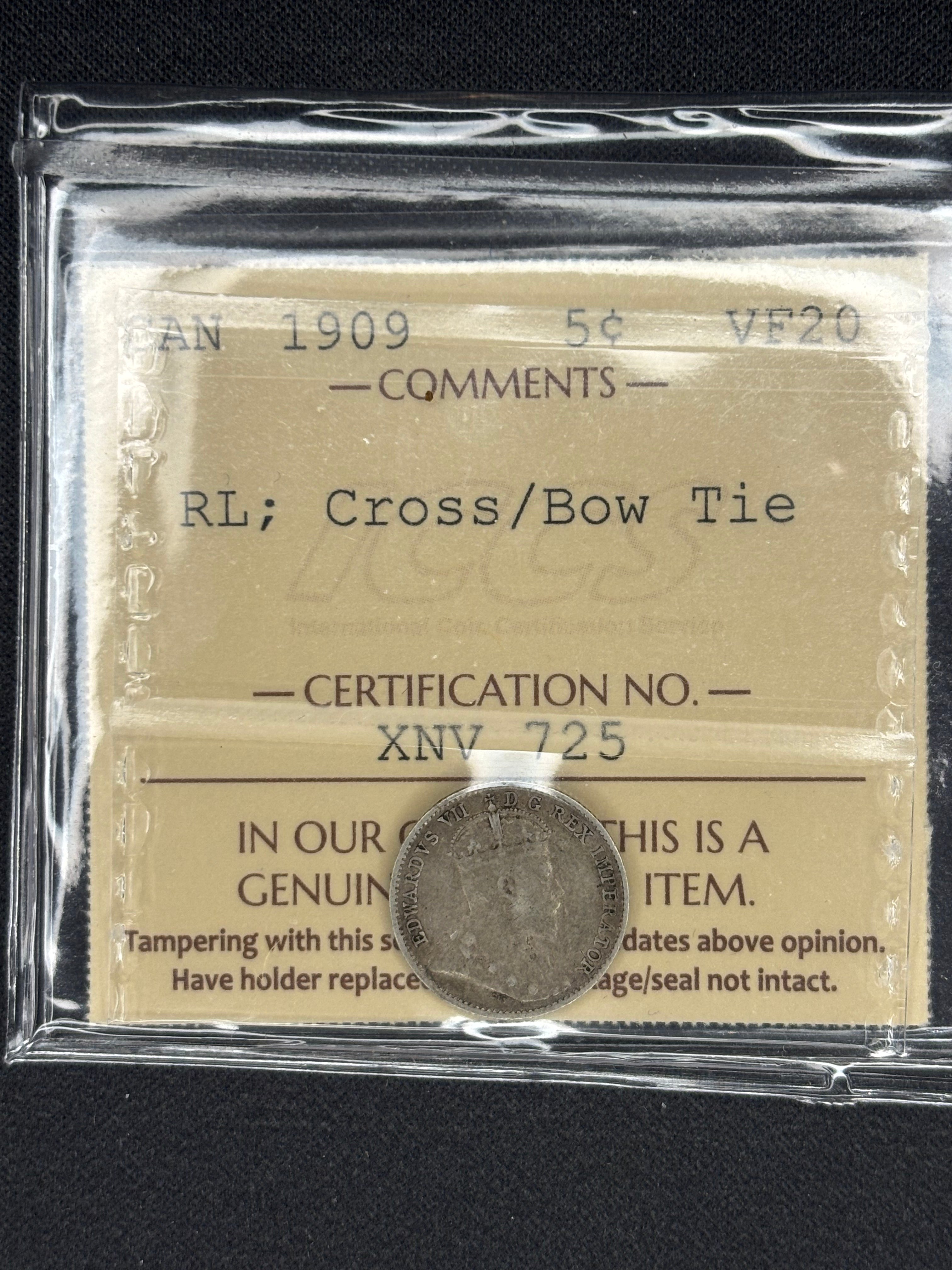 Canadian Silver Coin - 5 cents - 1909 RL Cross/Bow Tie - VF20 ICCS