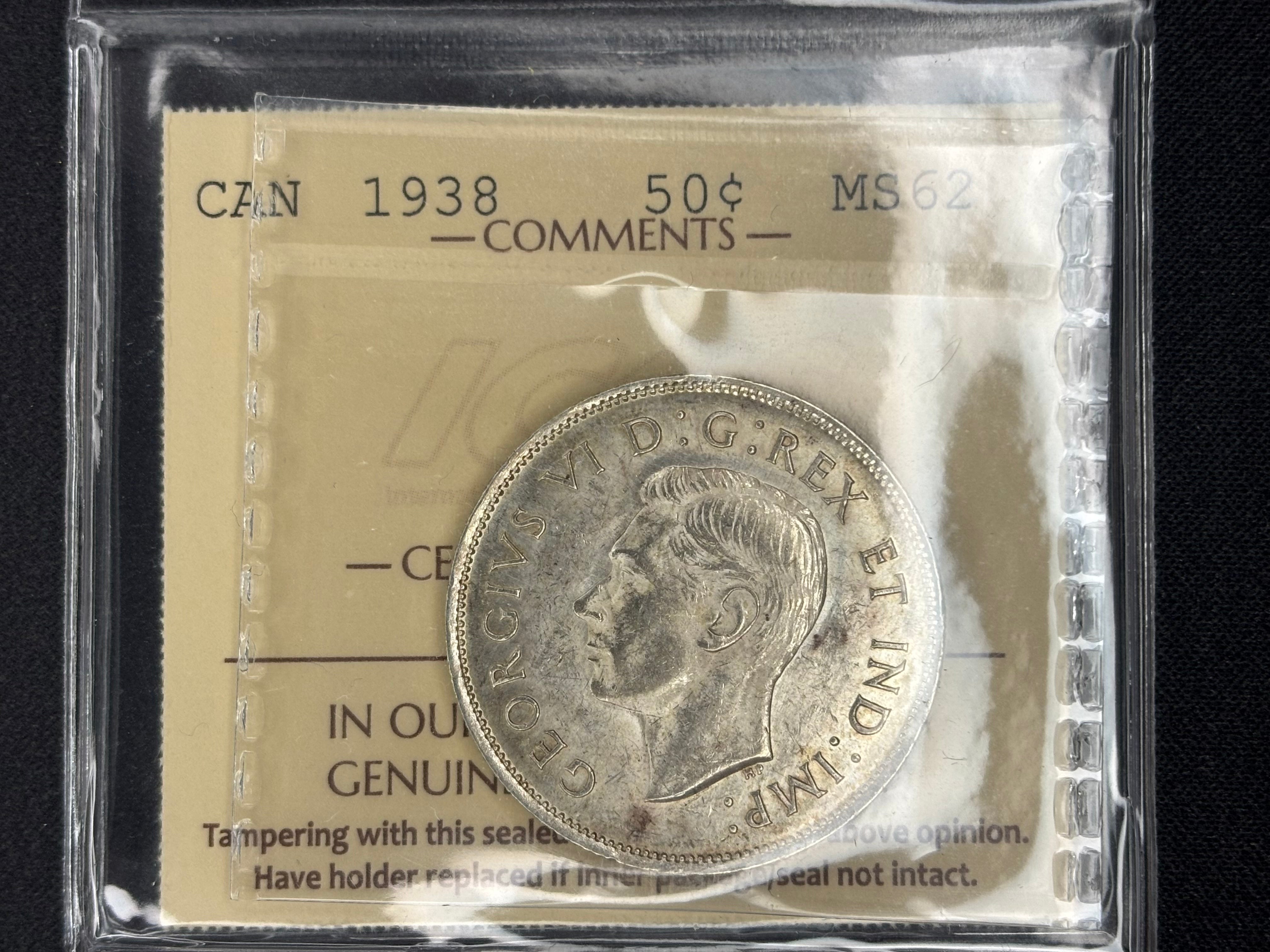 Canadian Silver Coin - 50 cent - 1938 - MS62 ICCS