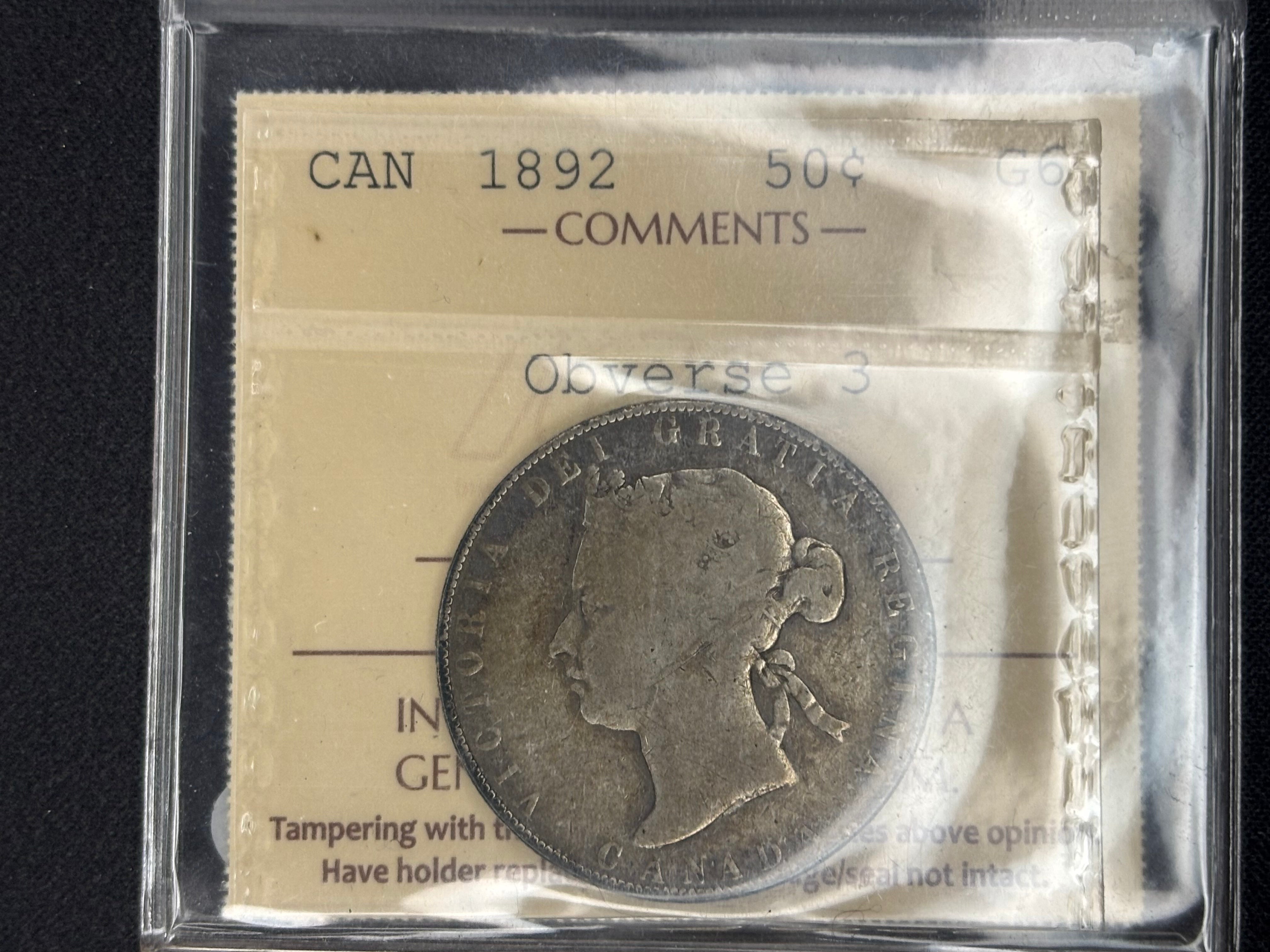 Canadian Silver Coin - 50 cents - 1892 Obv 3 - G6 ICCS