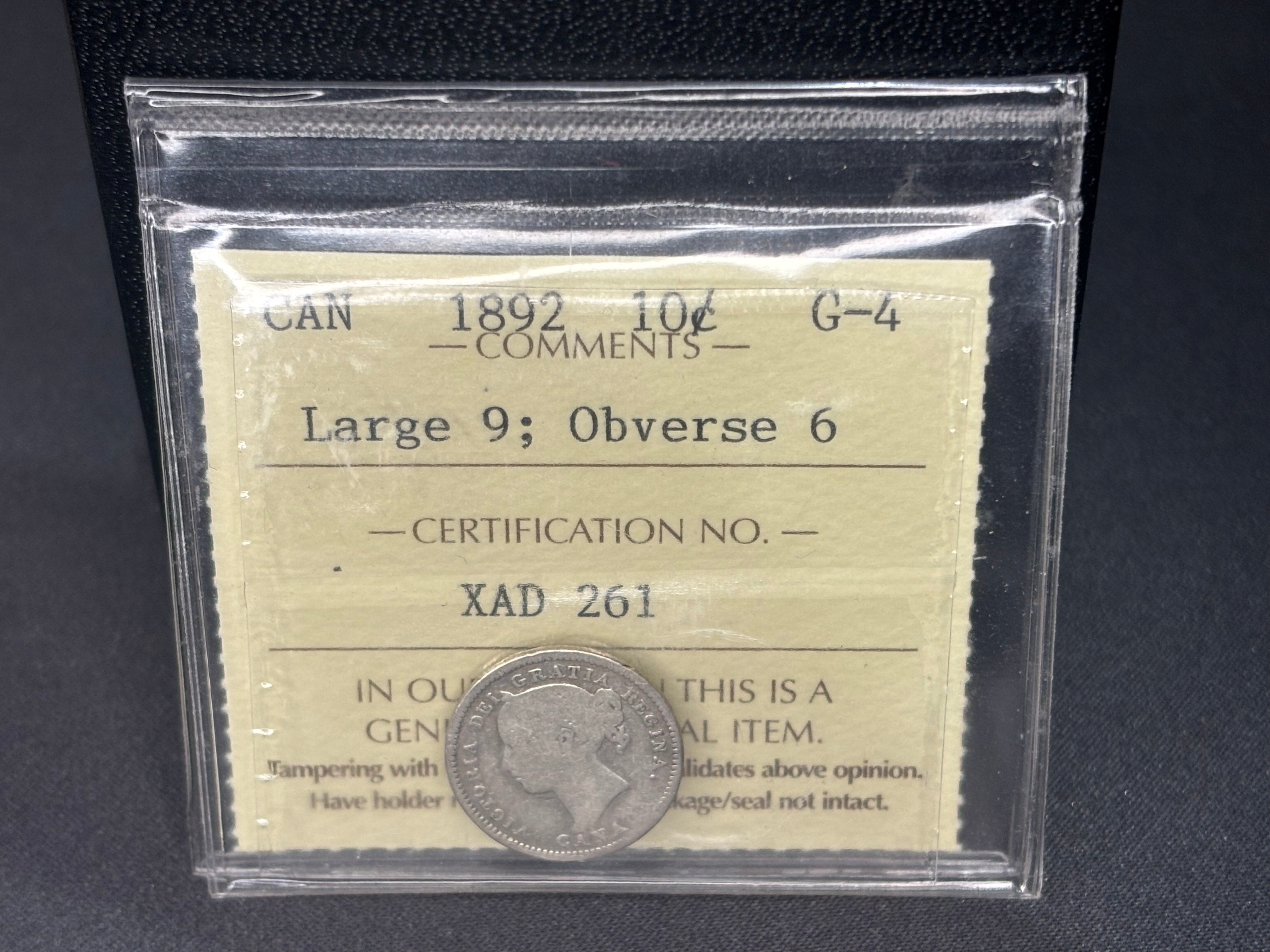 Canadian Silver Coin - 10 cents - 1892 Large 9 Obv6 - G4 ICCS