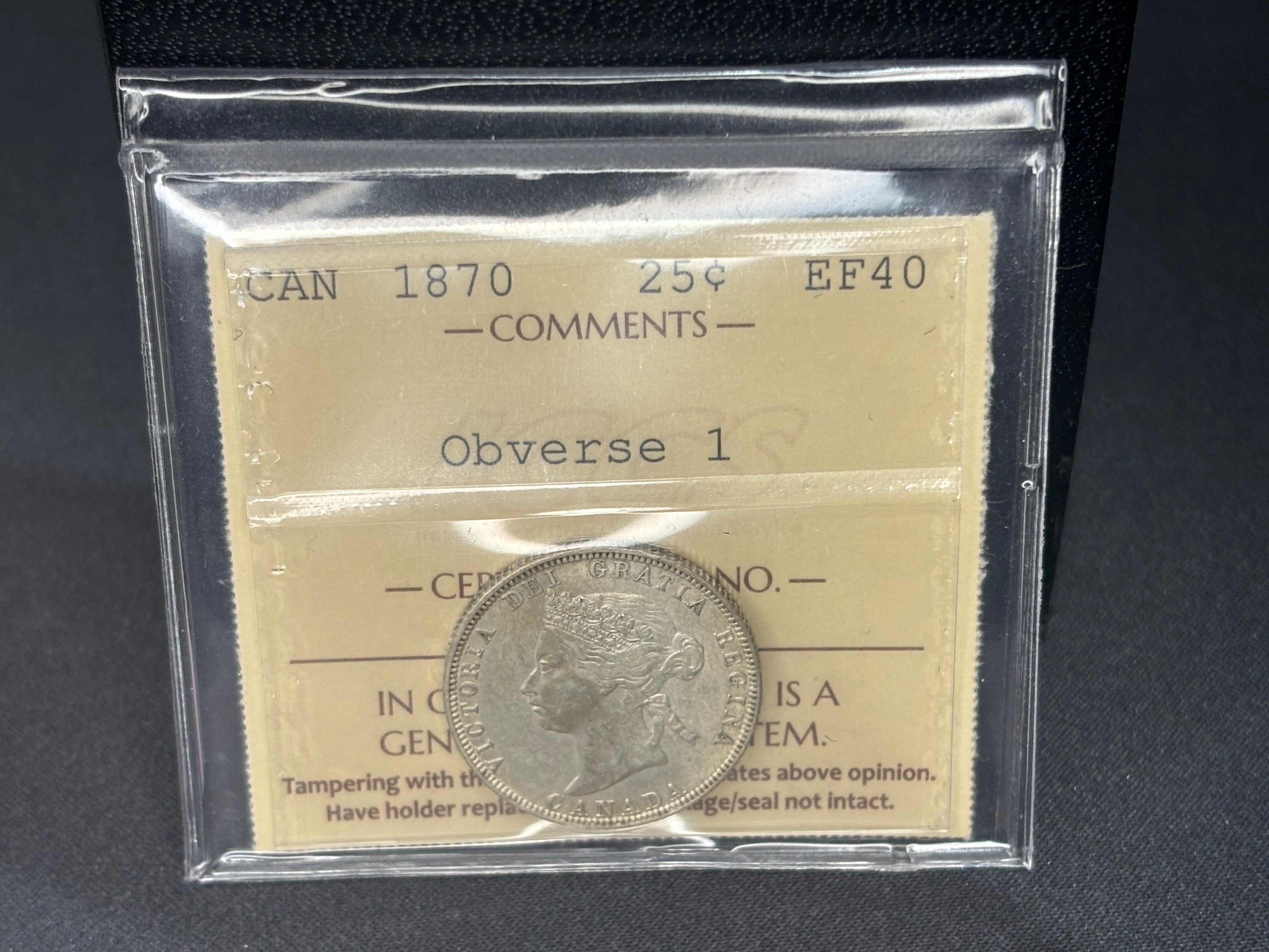 Canadian Silver Coin - 25 cents - 1870 Obv1 - EF40 ICCS