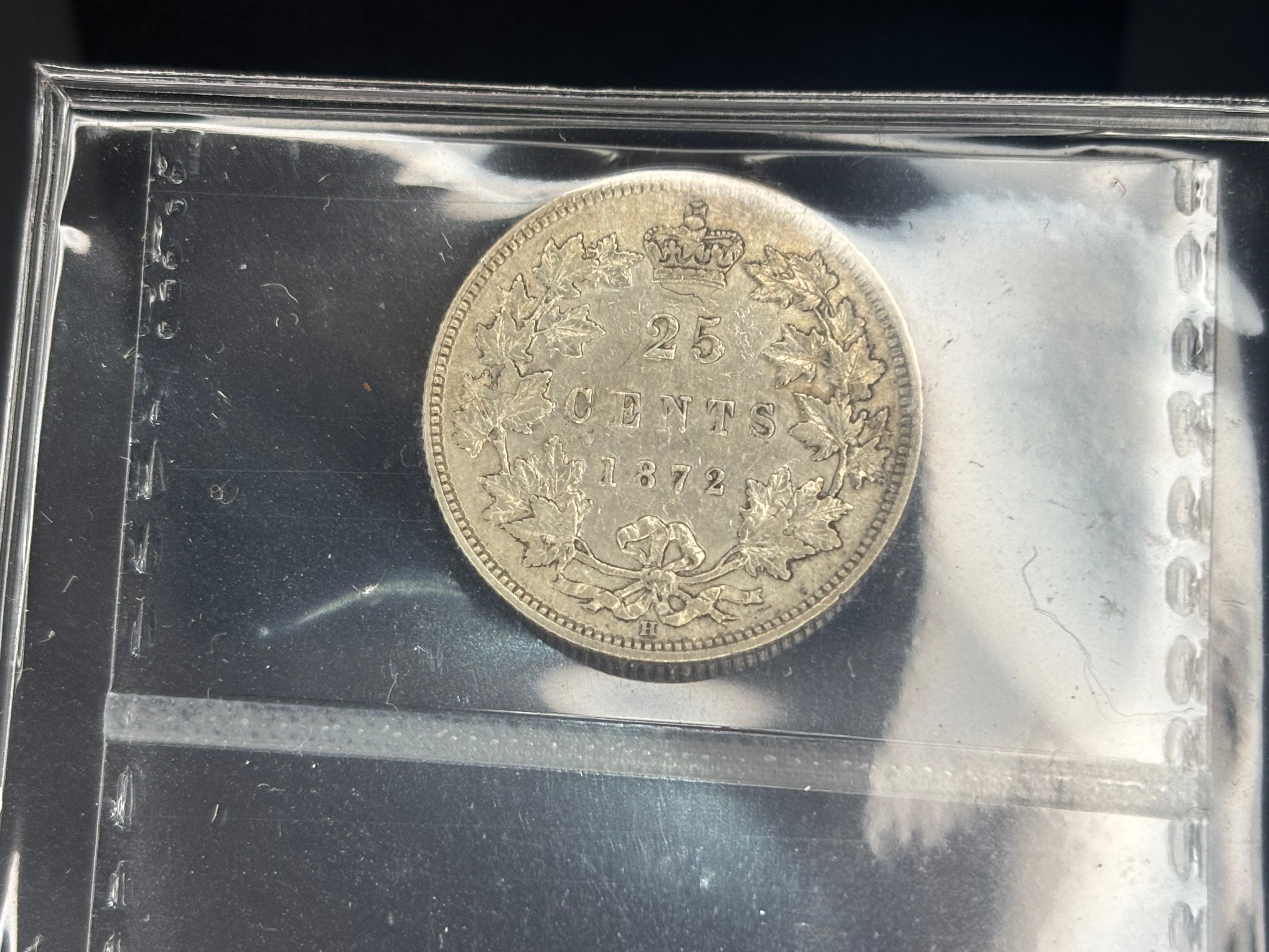 Canadian Silver Coin - 25 cents - 1872H Obv2 - EF45 ICCS