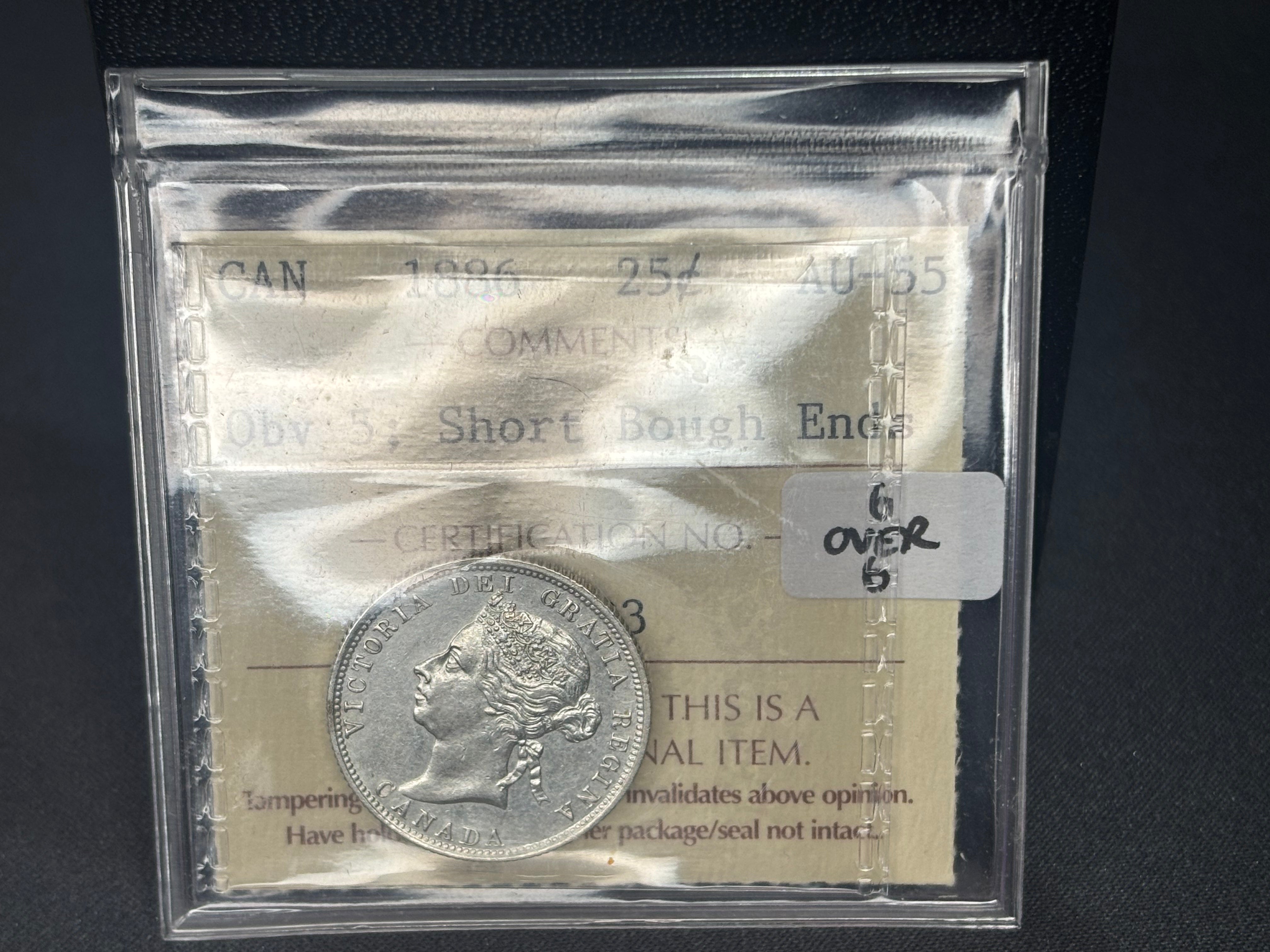 Scarce Canadian Silver Coin - 25 cents - 1886 6/6 Obv5 SBE - AU55 ICCS
