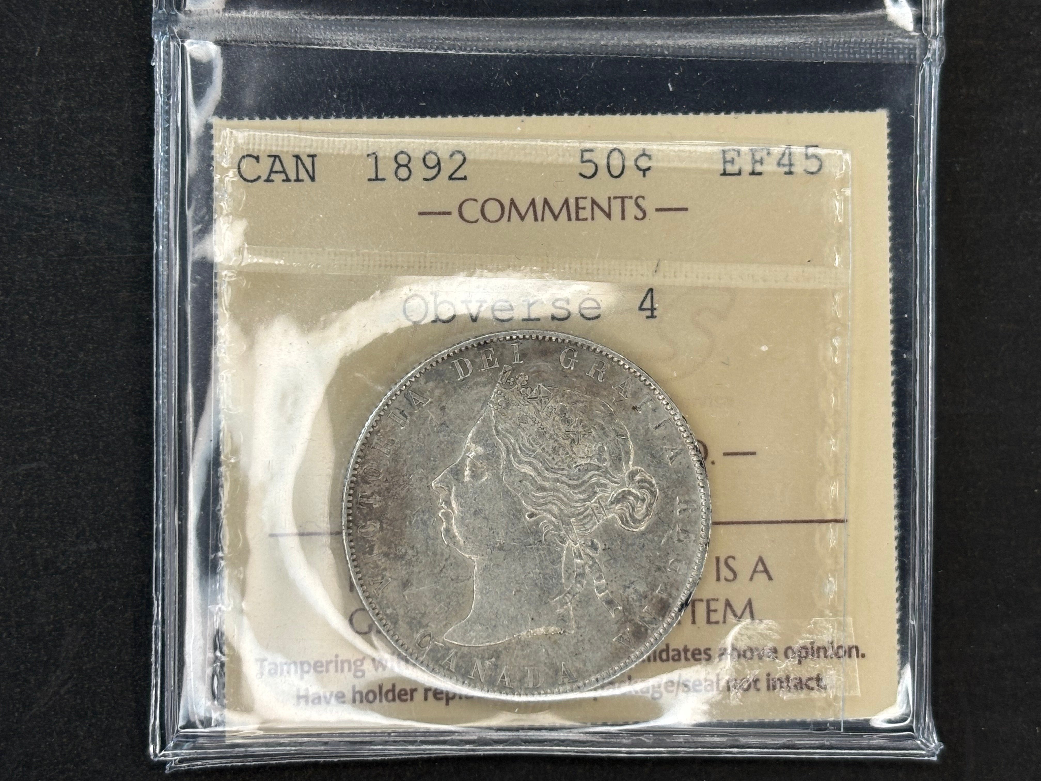 Pièce de monnaie en argent du Canada - 50 cents - 1892 Avers 4 / ICCS EF45