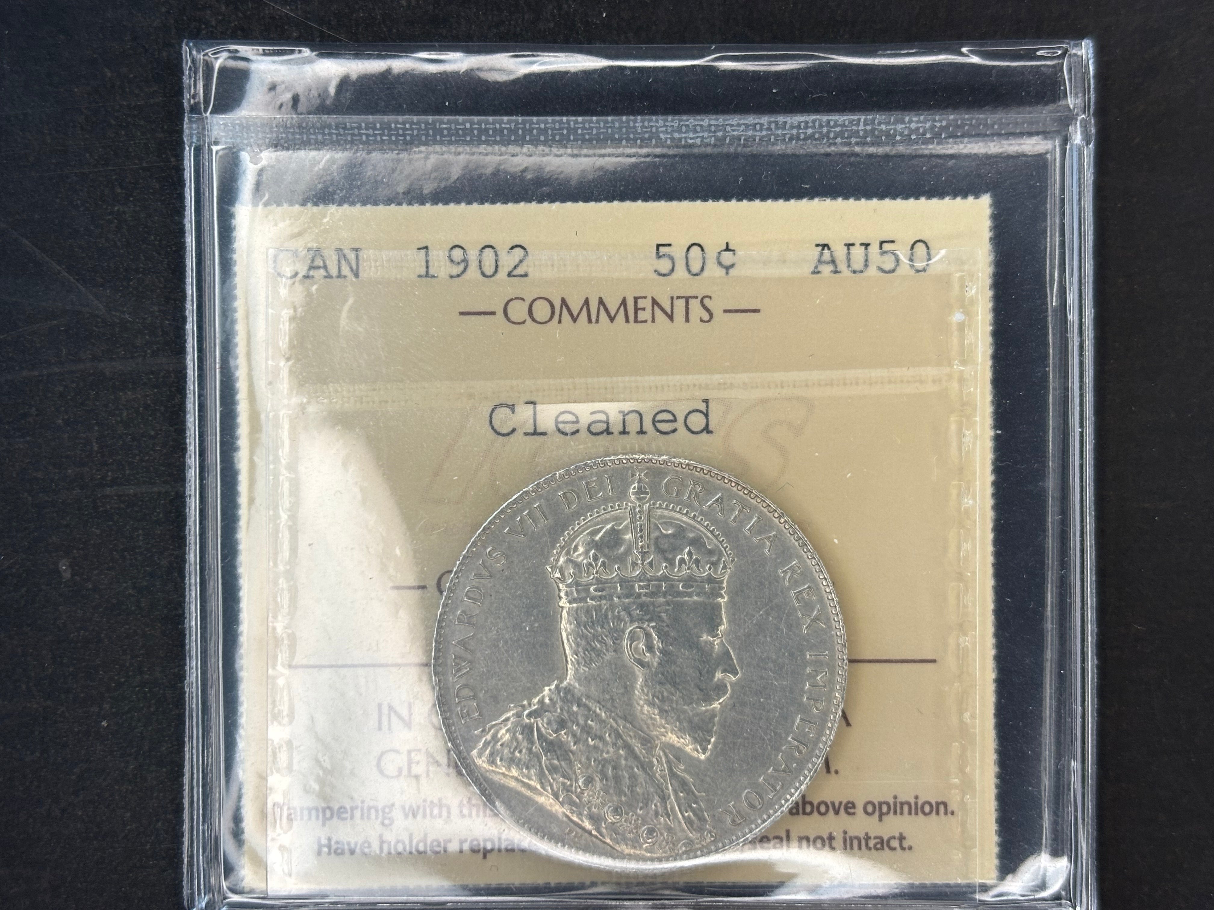 Pièce de monnaie canadienne en argent - 50 cents - 1902 Nettoyée / ICCS AU50