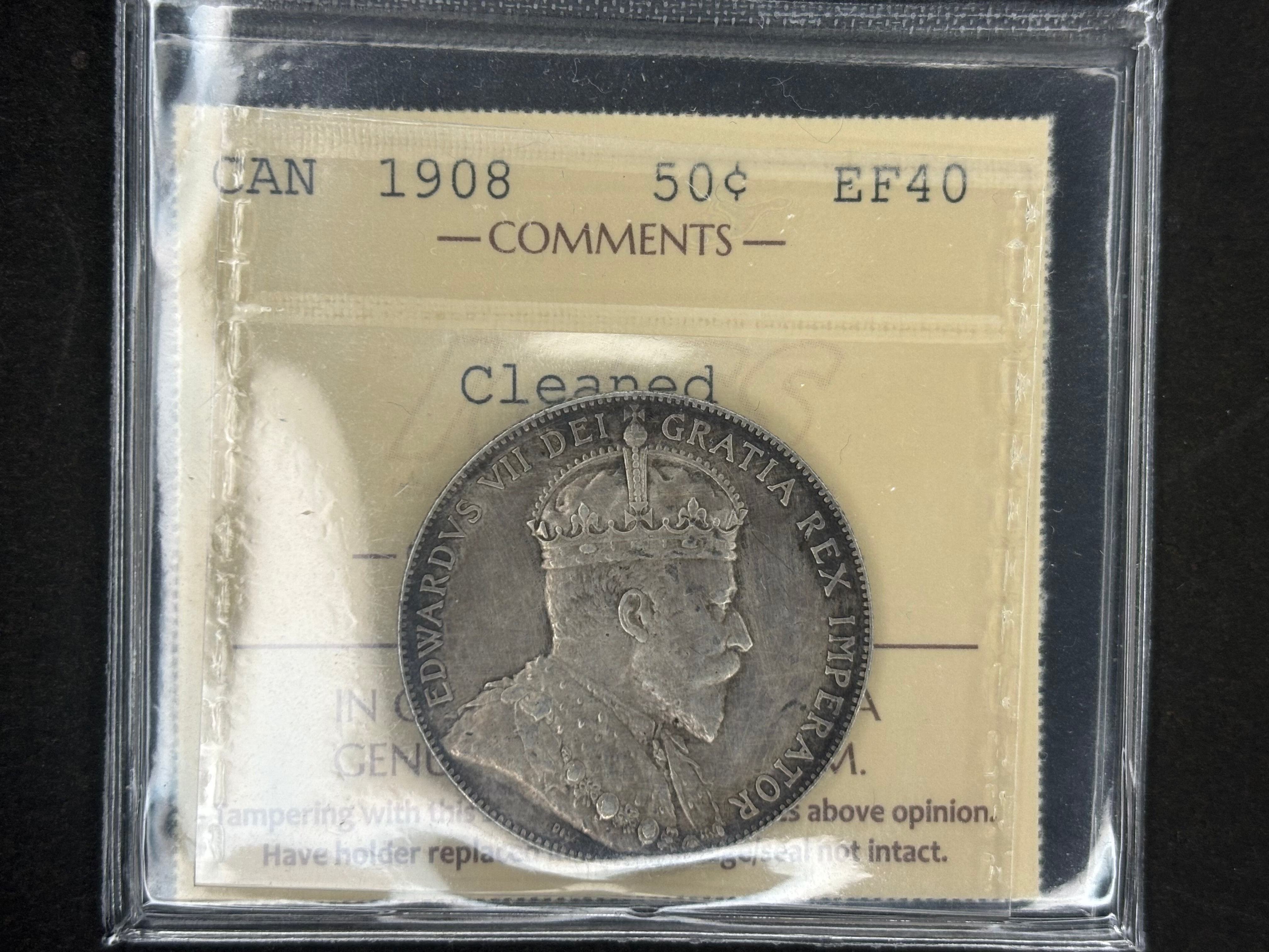 Pièce de monnaie canadienne en argent - 50 cents - 1908 Nettoyée / ICCS EF40