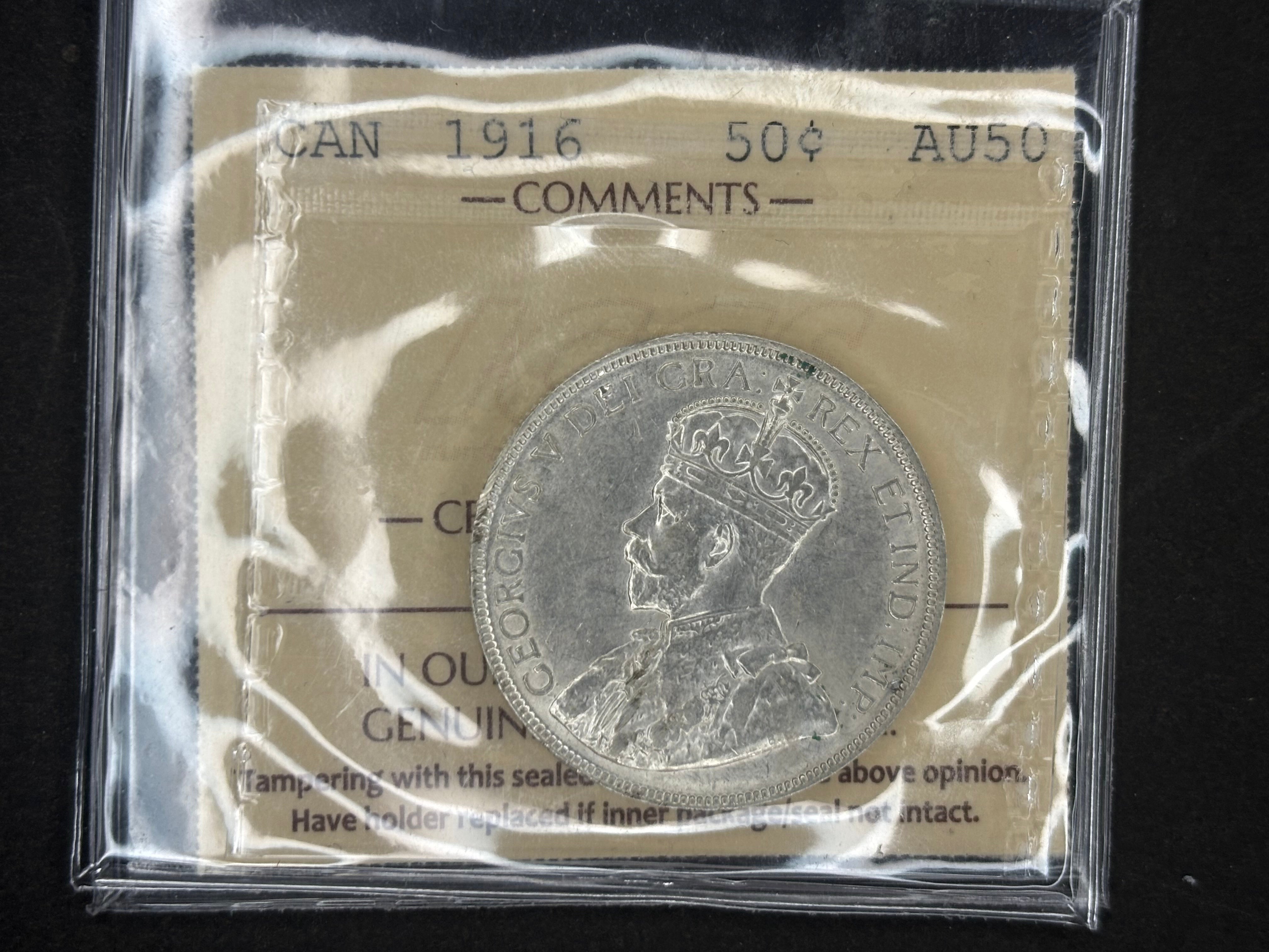Pièce de monnaie en argent du Canada - 50 cents - 1916/ ICCS AU50