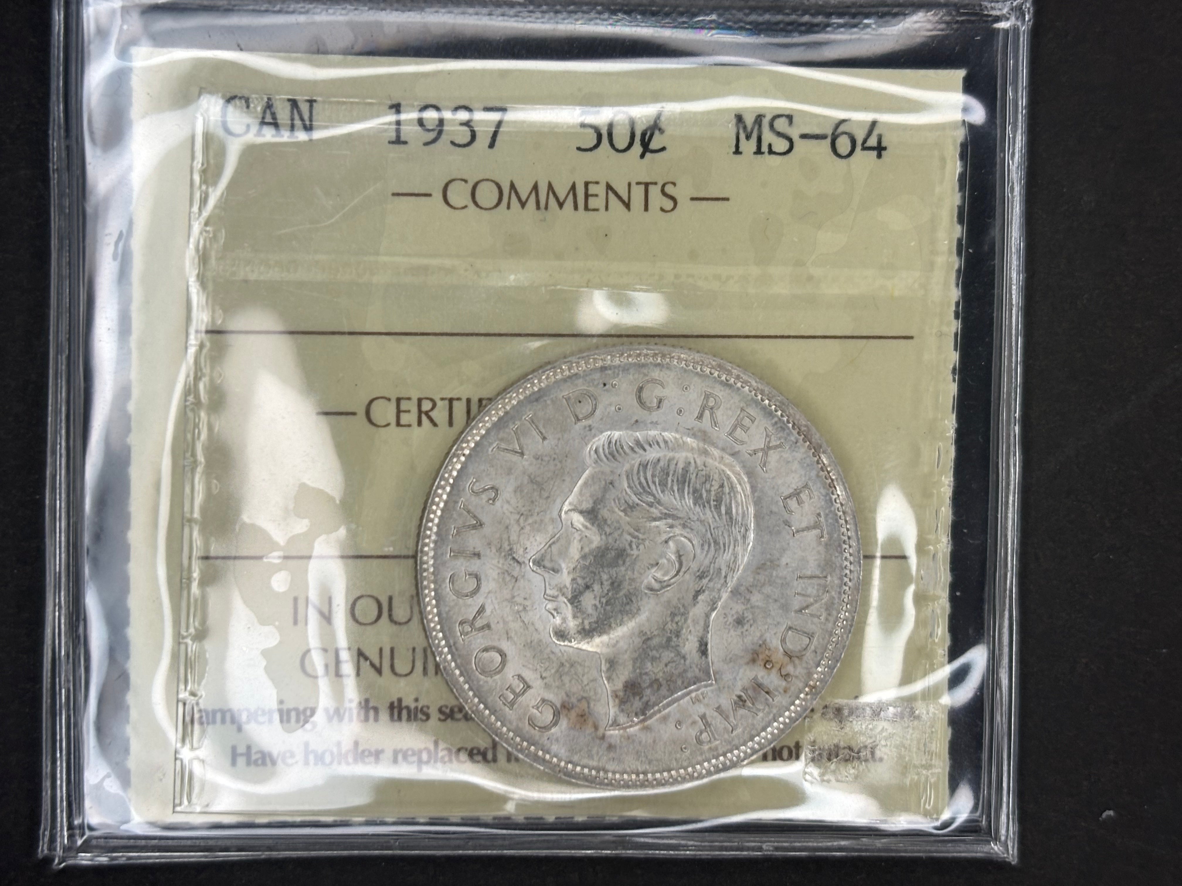 Pièce de monnaie en argent du Canada - 50 cents - 1937 / ICCS MS64