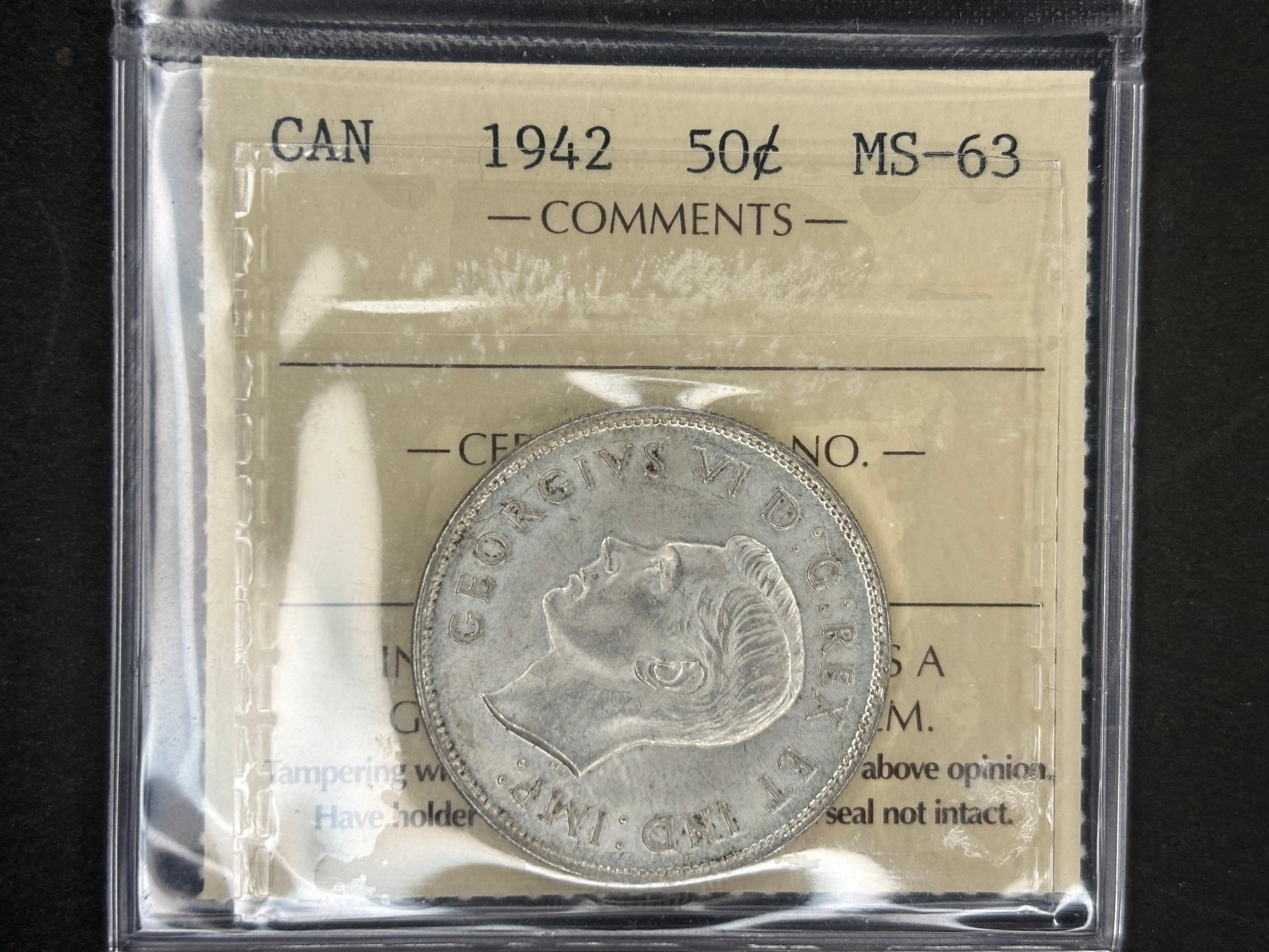 Pièce de monnaie en argent du Canada - 50 cents - 1942 / ICCS MS63