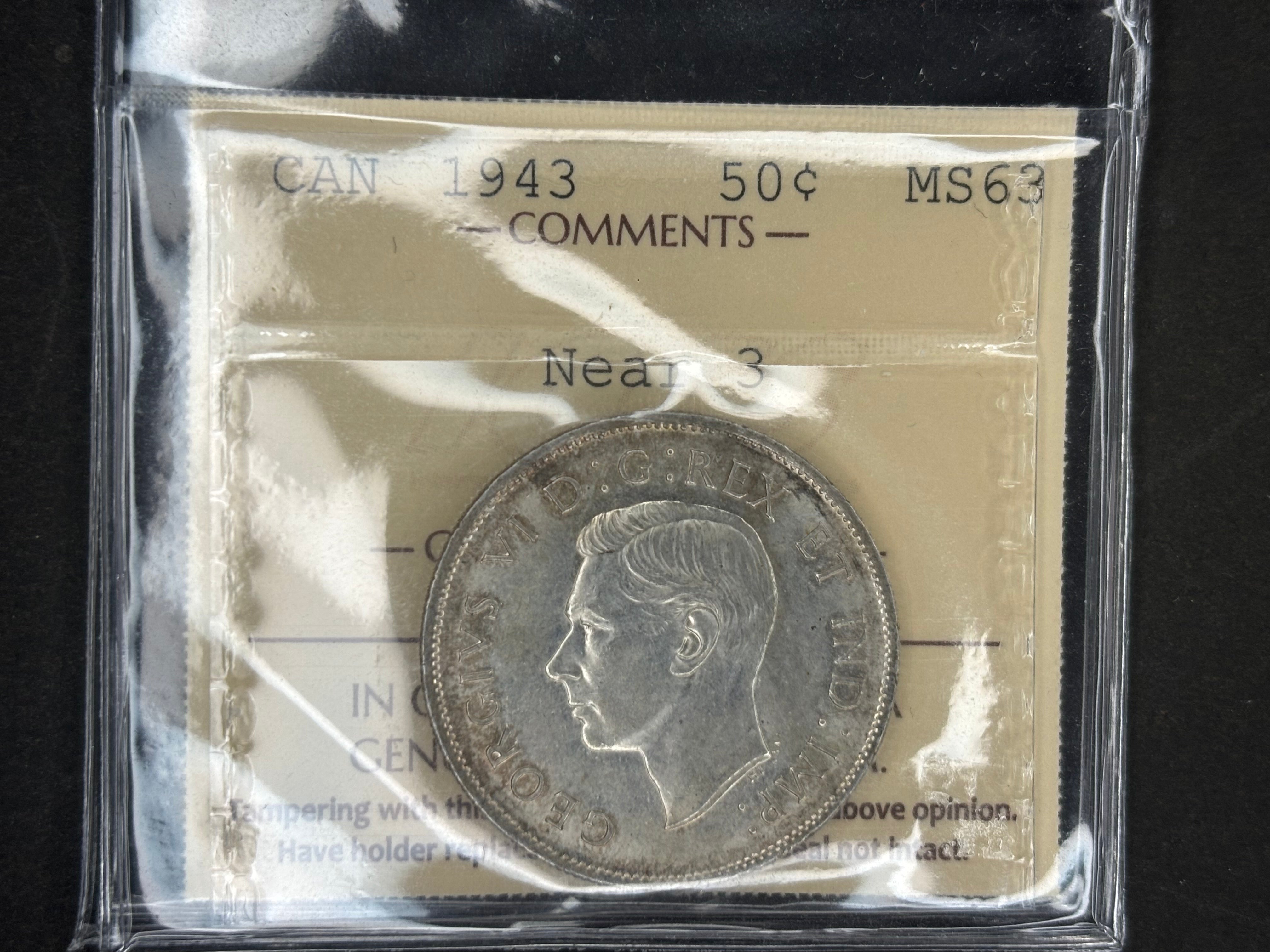 Pièce de monnaie en argent du Canada - 50 cents - 1943 - État proche de la qualité MS63 (ICCS)