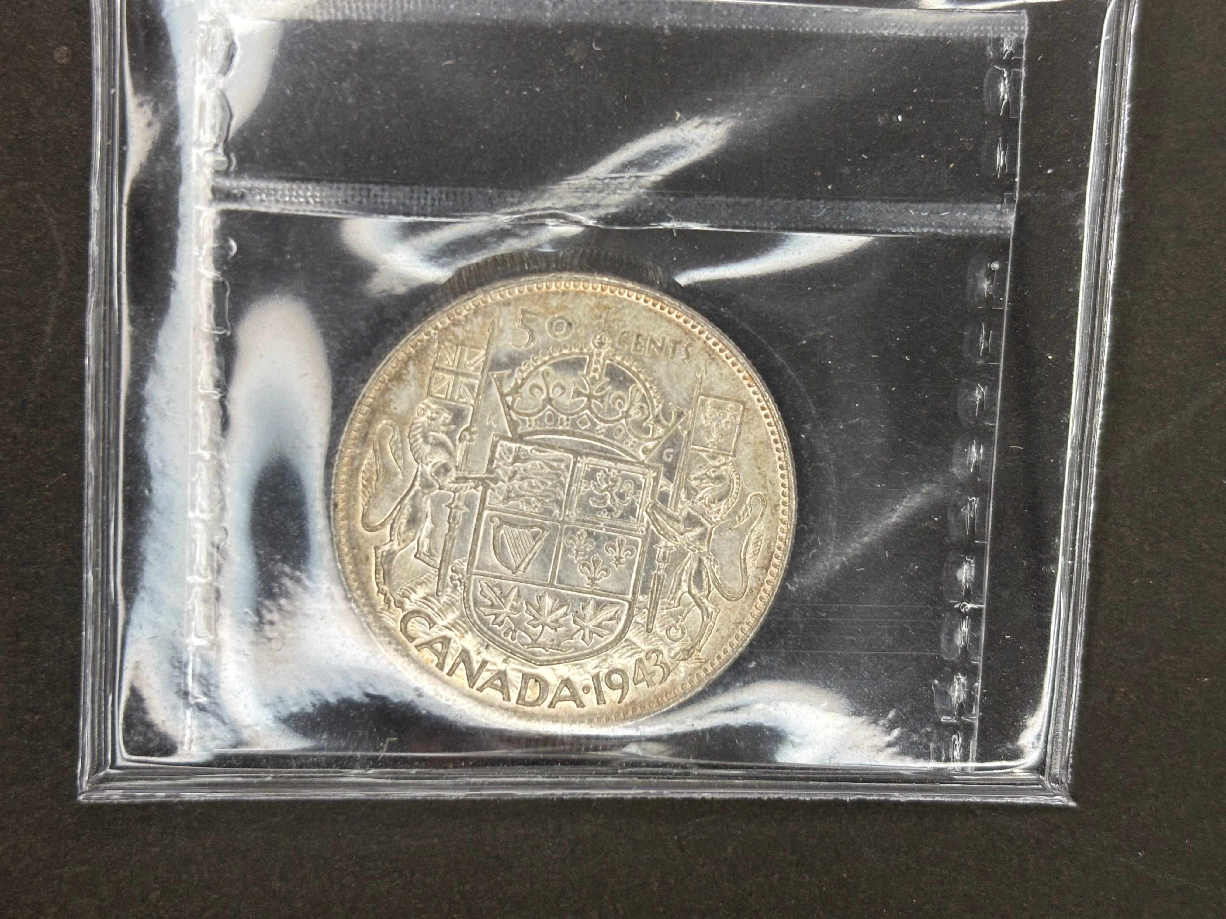 Pièce de monnaie en argent du Canada - 50 cents - 1943 - État proche de la qualité MS63 (ICCS)