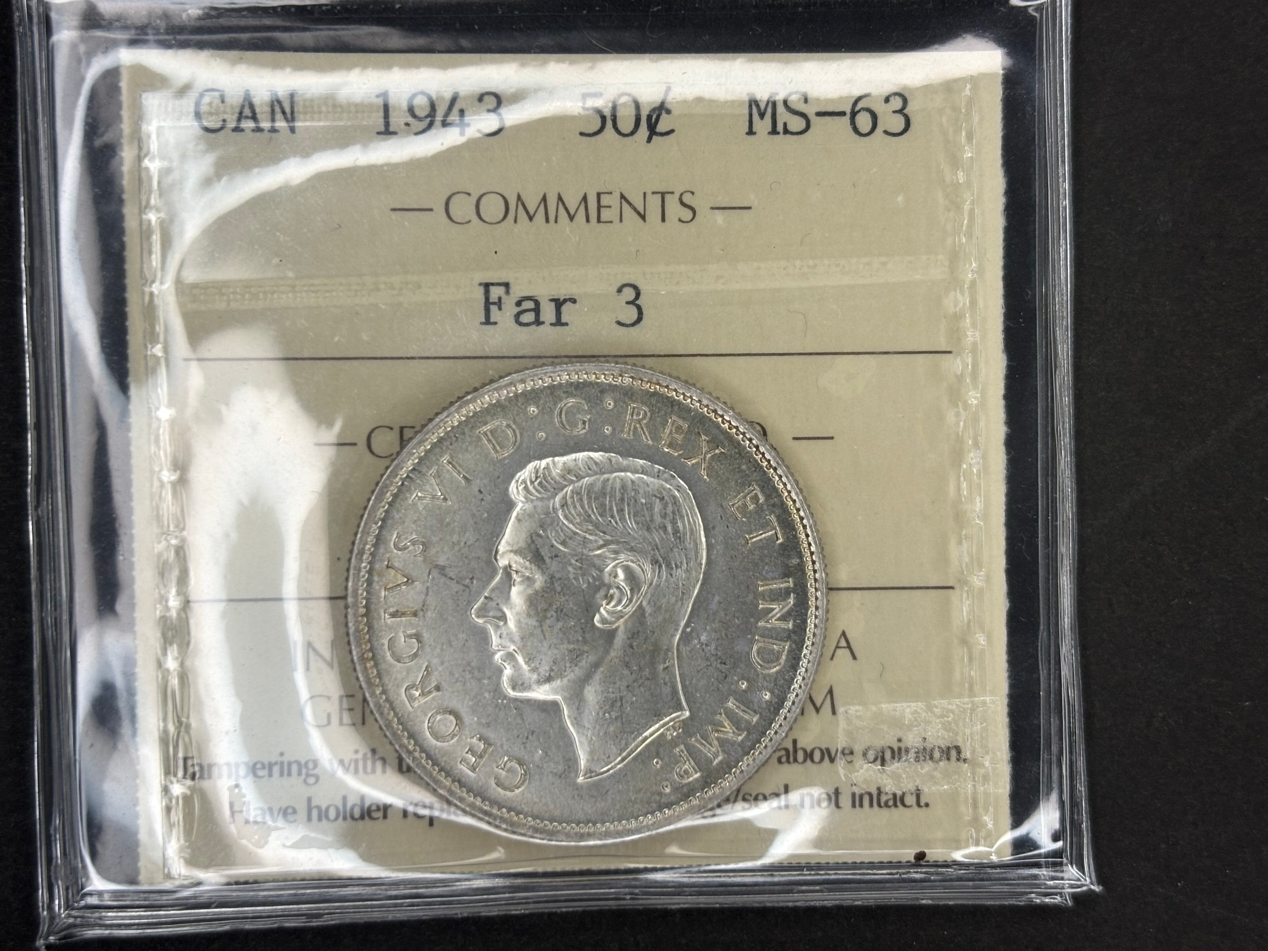 Pièce de monnaie en argent du Canada - 50 cents - 1943 Far / ICCS MS63