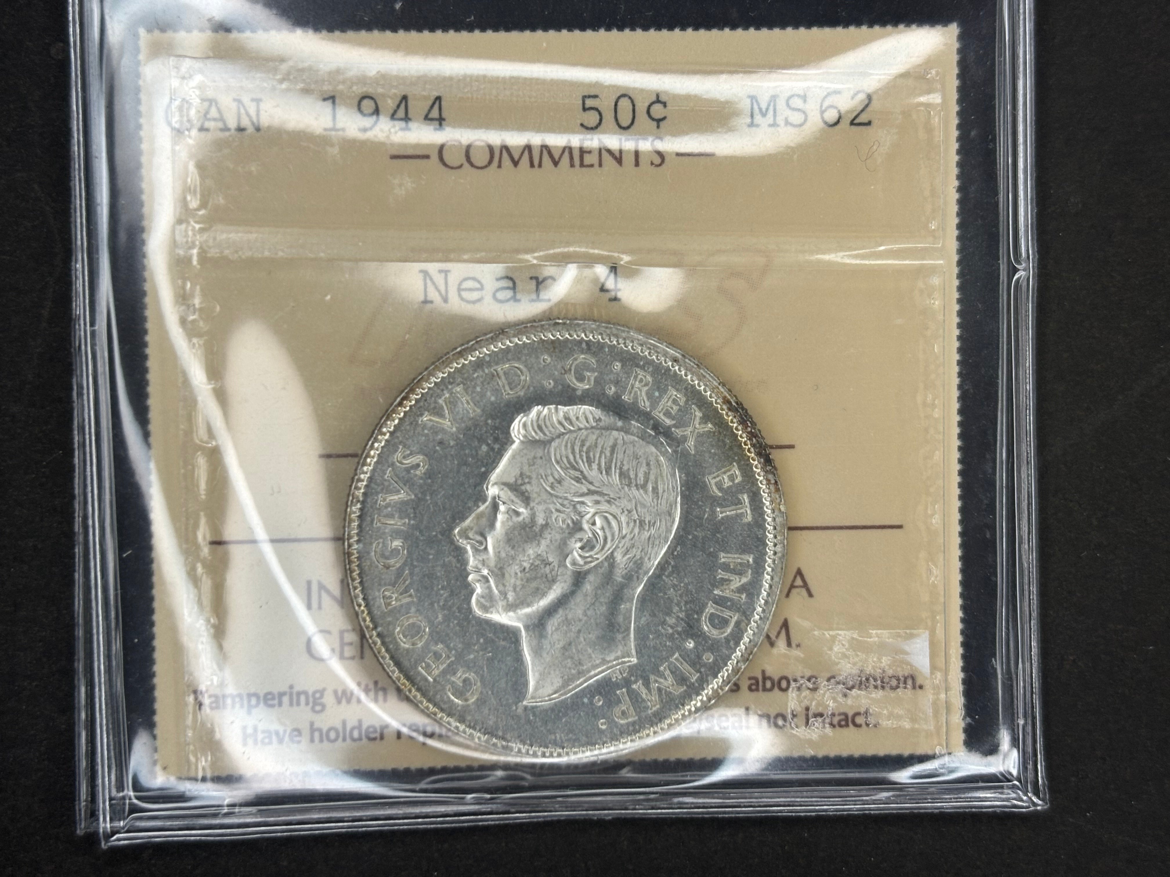 Pièce de monnaie en argent du Canada - 50 cents - 1944 Proche de l'état neuf / ICCS MS62