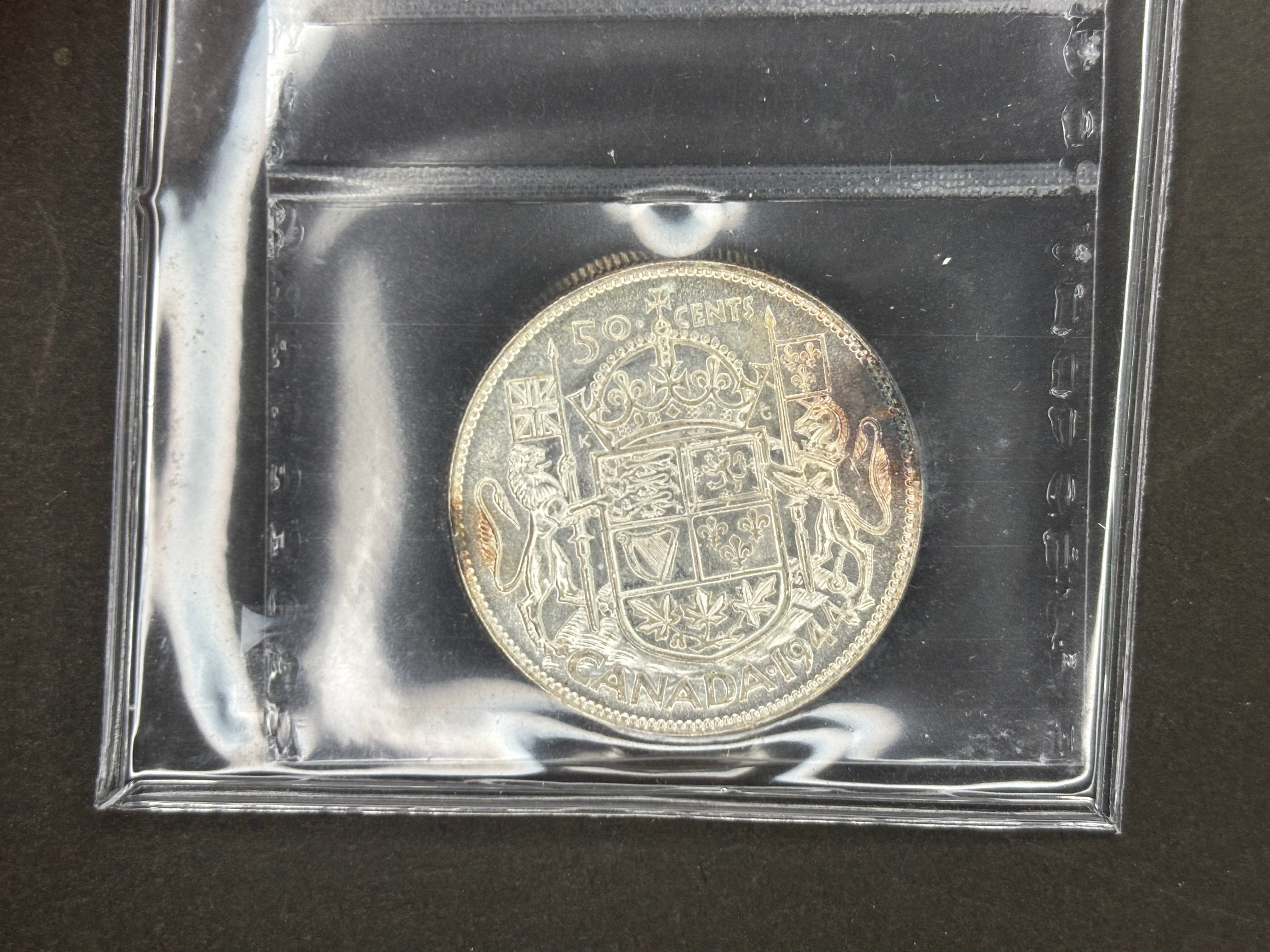 Pièce de monnaie en argent du Canada - 50 cents - 1944 Proche de l'état neuf / ICCS MS62