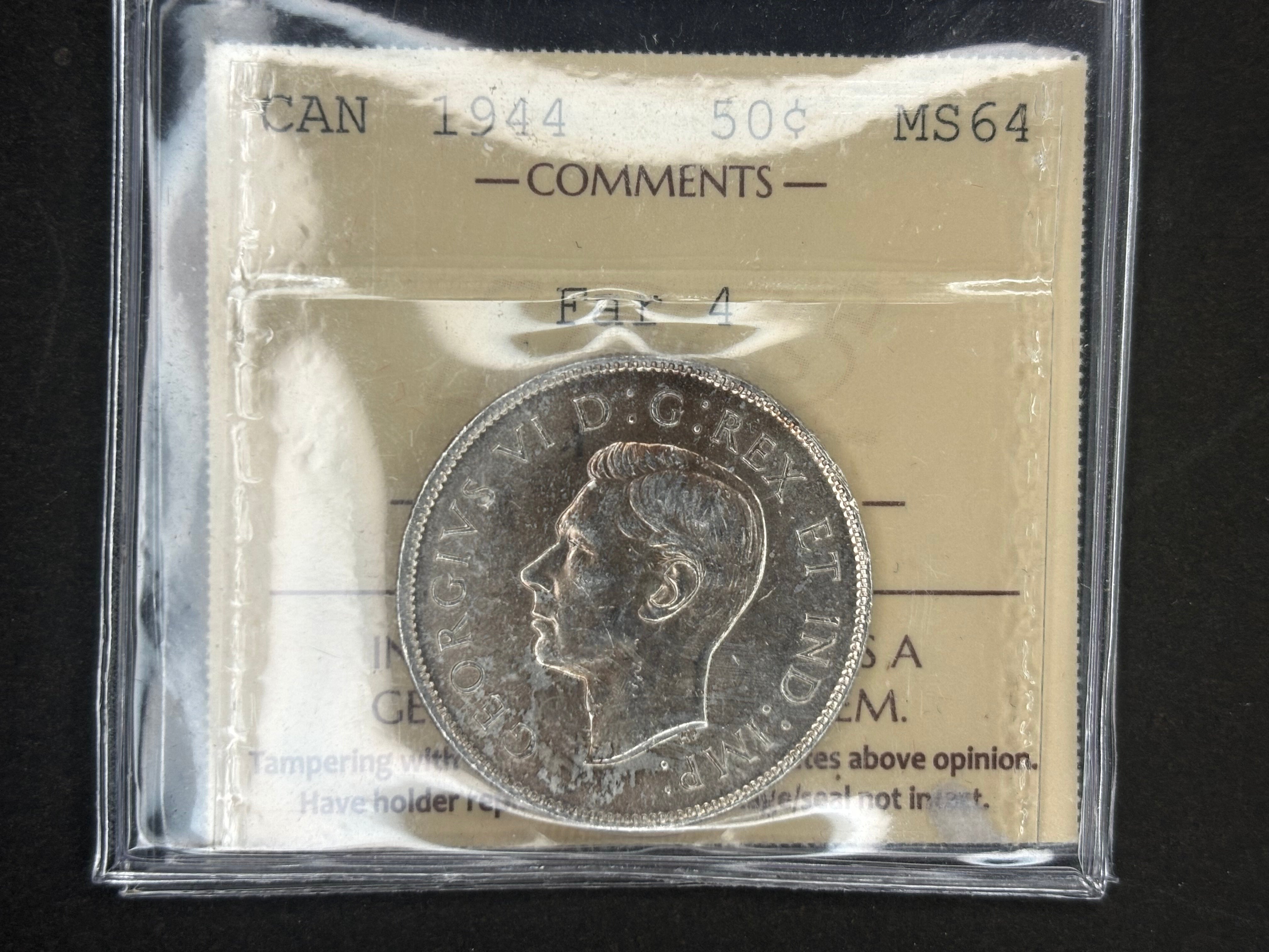 Pièce de monnaie en argent du Canada - 50 cents - 1944 Far 4 / ICCS MS64